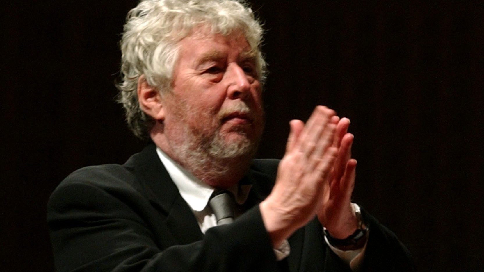 epa000276797 Composer Harrison Birtwistle, from Britain, congratulates Conductor Boulez from France and the Lucerne Festival Academy Orchestra, on Thursday, 16 September 2004, at the Lucerne Festival in the KKL Culture and Congress Centre in Lucerne.  EPA/SIGI TISCHLER