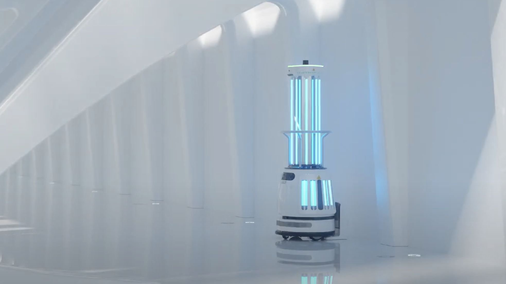 O Ubtech Adibot-A irradia luz UV-C para desinfetar espaços que possam estar contaminados