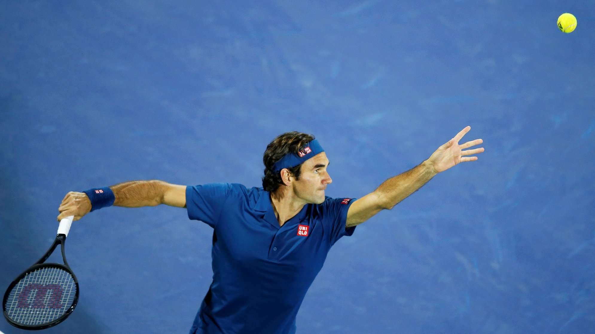 epa08429186 Roger Federer of Switzerland in action during a match at the Dubai Duty Free Tennis ATP Championships 2019 in Dubai, United Arab Emirates, 02 March 2019 (re-issued 18 May 2020). As prominent in both sky and sea, the color blue is often associated with open spaces, freedom, depth and wisdom. In psychology blue is viewed as a non-threatening color and it is believed to have positive and calming effects on body and mind. Often linked with intellect, confidence and reliability, it is known in corporate America as a power color.  EPA/ALI HAIDER ATTENTION: This Image is part of a PHOTO SET *** Local Caption *** 55024934