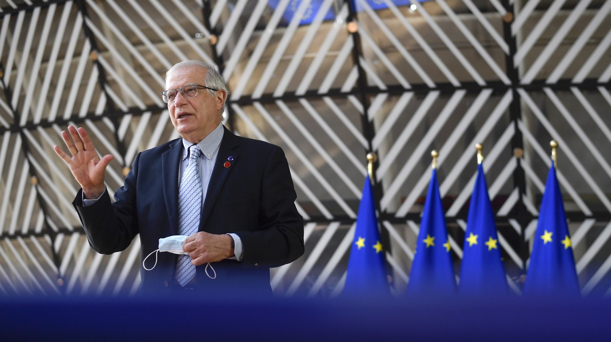 epa09180269 European Union for Foreign Affairs and Security Policy Josep Borrell talks during a statement before a Defence ministers meeting at the EU headquarters in Brussels, Belgium, 06 May 2021.  EPA/JOHN THYS / POOL