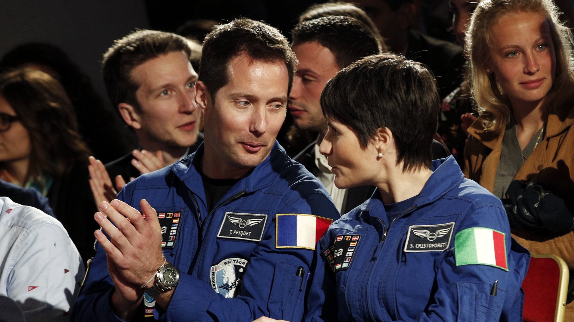 epa07542791 French astronaut Thomas Pesquet (L) and Italian astronaut Samantha Cristoforetti (R) attend an event to commemorate the 500th anniversary of the death of Italian Renaissance painter and scientist Leonardo da Vinci at the Chambord Castle, in Chambord, France, 02 May 2019.  EPA/YOAN VALAT / POOL MAXPPP OUT