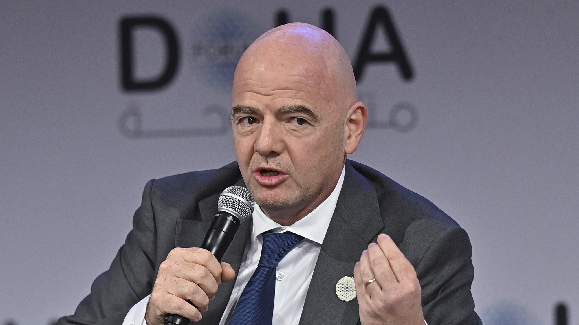 epa09852955 President of FIFA, Gianni Infantino, speaks during the closing Session of the final day of Doha Forum at Sheraton Grand Doha Resort &amp; Convention Hotel in Doha, Qatar, 27 March 2022.  EPA/NOUSHAD THEKKAYIL