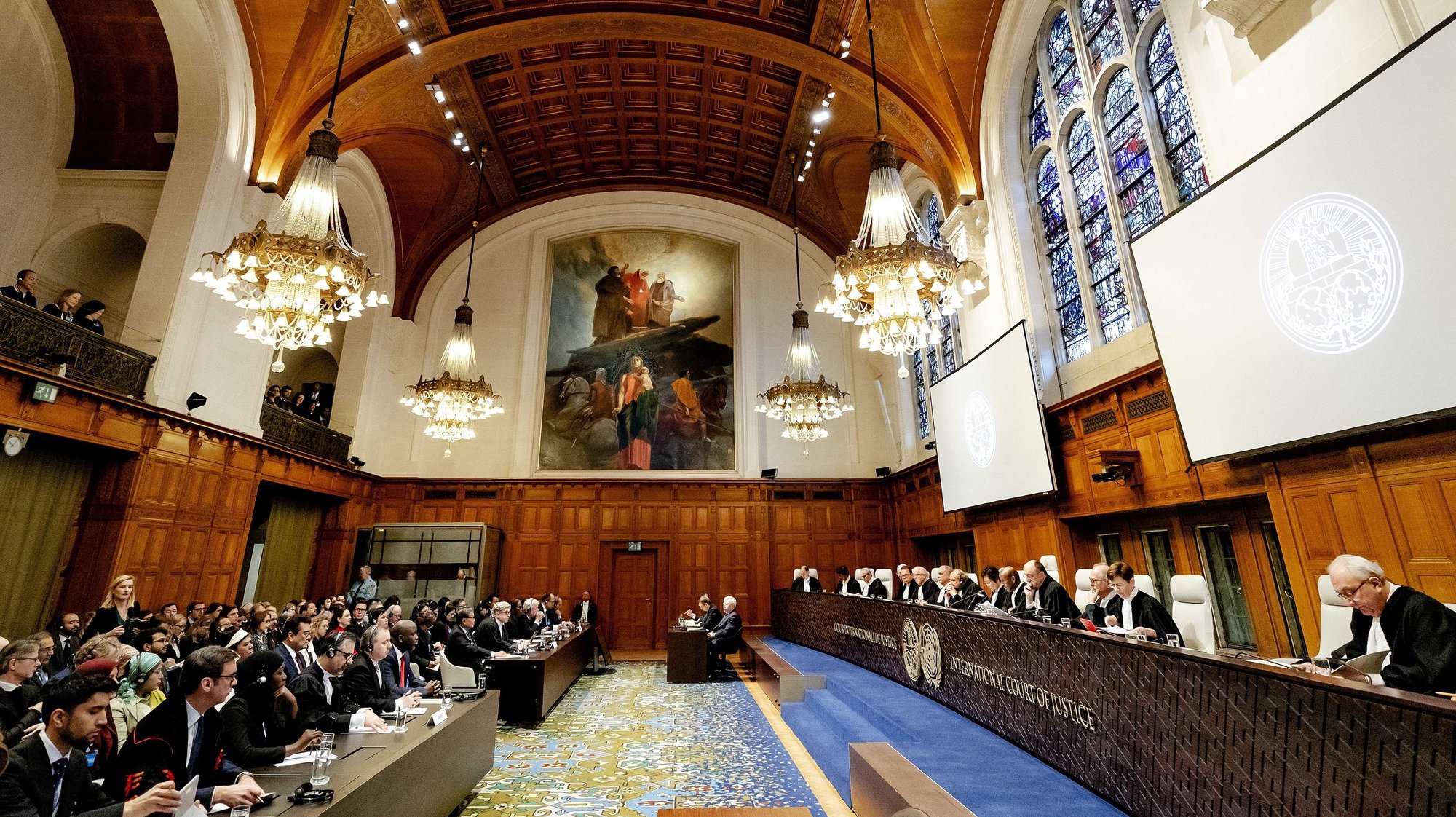 epa08153755 A general view of a session of the International Court of Justice in The Hague, The Netherlands, 23 January 2020, as it rules in the lawsuit filed by The Gambia against Myanmar. That country is accused of genocide because of the persecution of a Muslim minority in the country.  EPA/ROBIN VAN LONKHUIJSEN