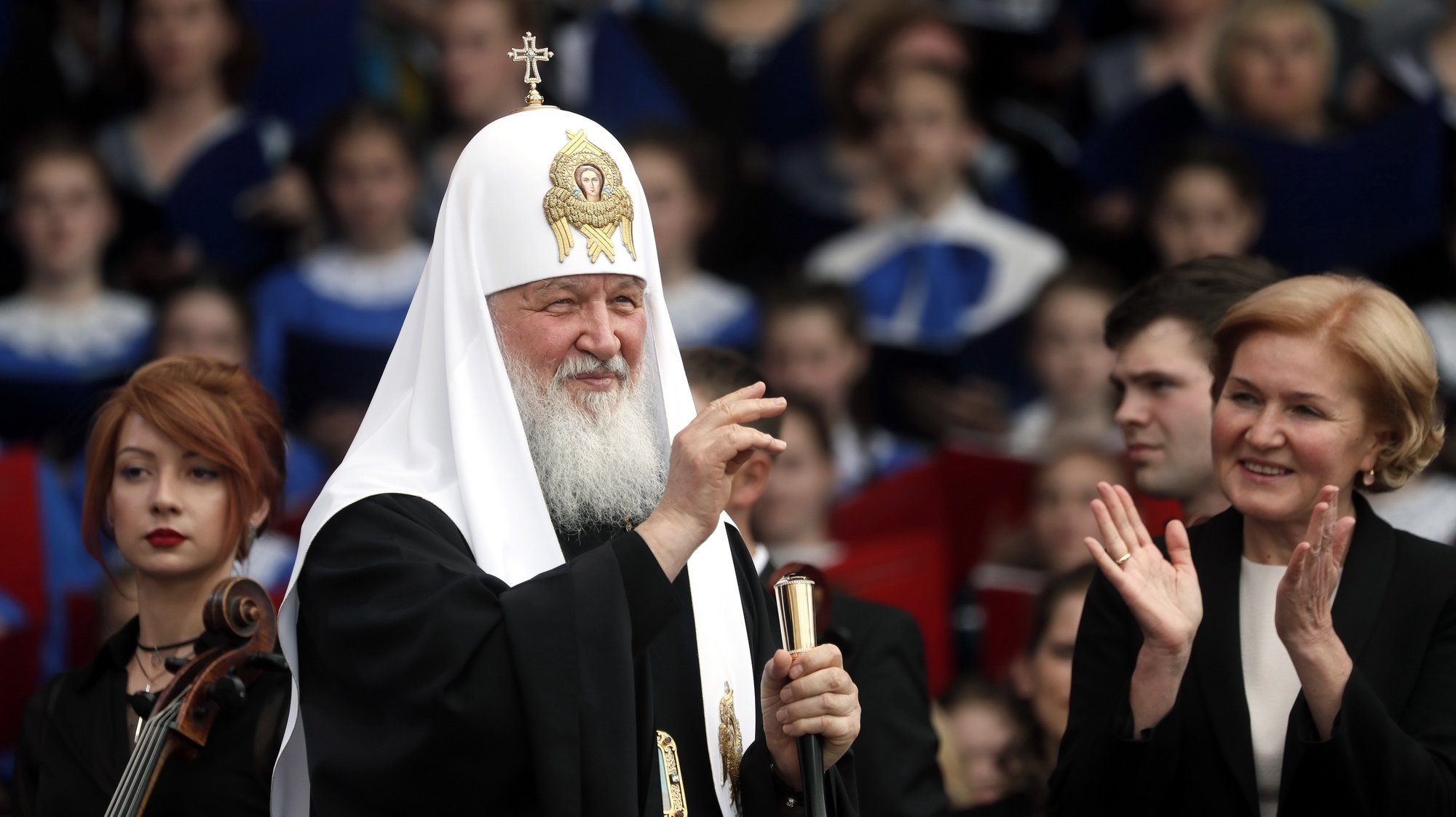 epa06759529 Patriarch of Moscow and All Russia Kirill speaks during the concert to mark the Day of Slavic Written Language at the Red Square in Moscow, Russia, 24 May 2018. The day commemorates the Saints Cyril and Methodius, creators of the Slavic Cyrilic alphabet.  EPA/MAXIM SHIPENKOV