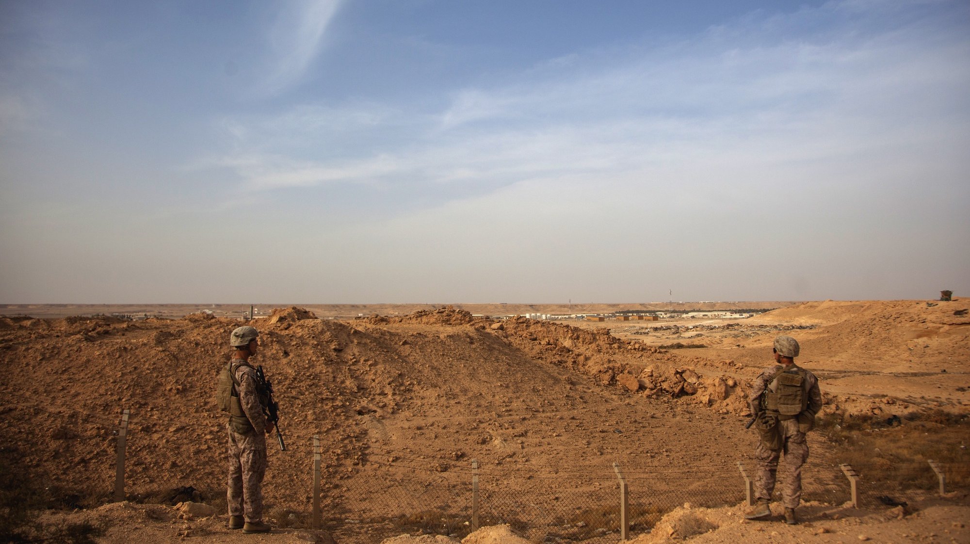 epa08112487 (FILE) - A handout photo made available by the US Marine Corps shows US Marines with Combined Anti-Armor Team, Weapons Company, 1st Battalion, 7th Marine Regiment, patroling inside the perimeter of Al Asad Air Base, Iraq, 23 Oct 2015 (reissued 08 January 2020). According to Iranian state TV on 08 January 2020, Iran&#039;s Revolutionary Guard Crops (IRGC) launched a series of rockets targeting al Asad air base, one of the bases hosting US military troops in Iraq. The attack comes days after top Iranian General Qasem Soleimani, head of the IRGC&#039;s Quds force, was killed by a US drone strike in Baghdad.  EPA/Cpl. Akeel Austin HANDOUT  HANDOUT EDITORIAL USE ONLY/NO SALES