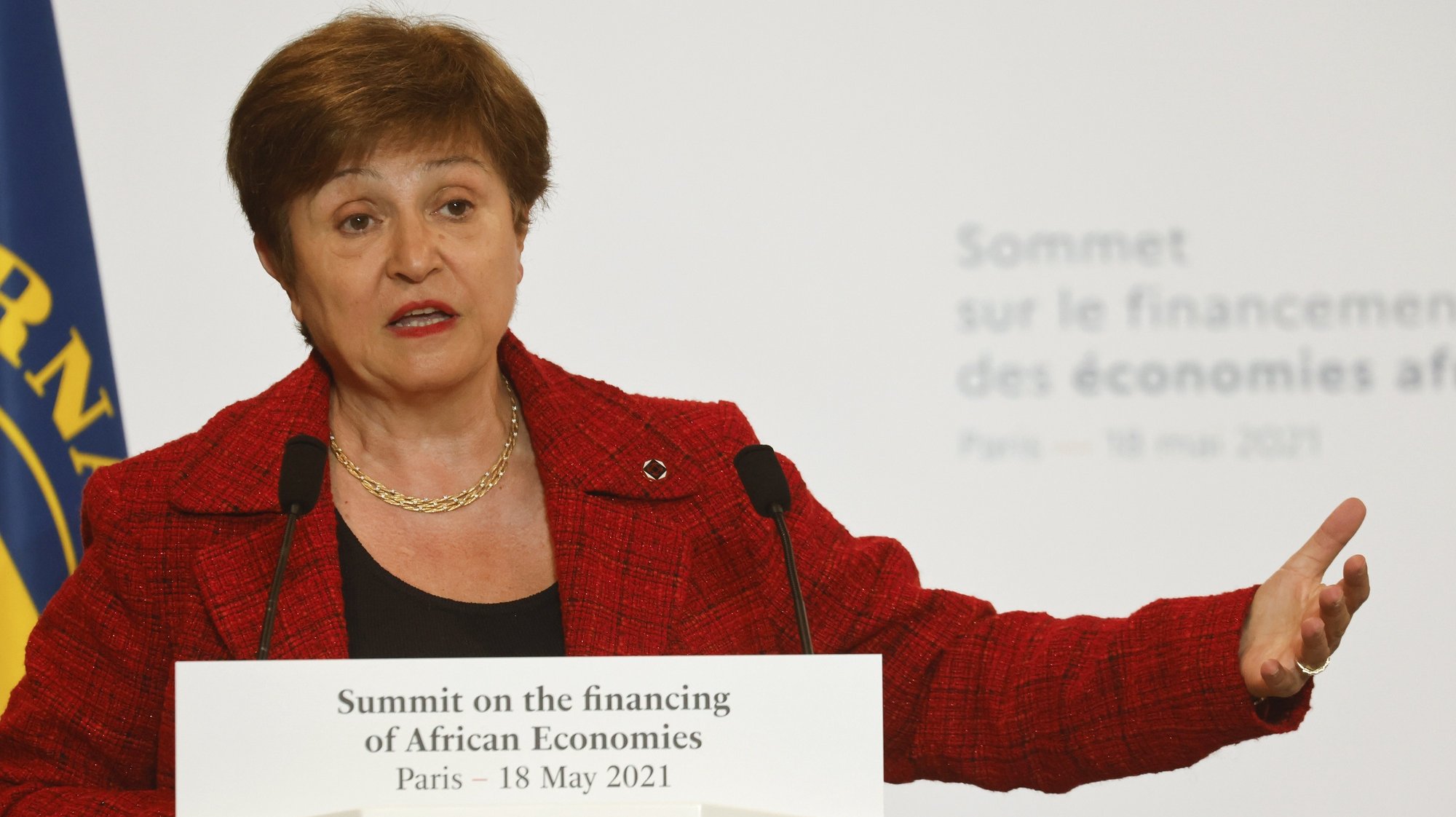 epa09210136 International Monetary Fund (IMF) Managing Director Kristalina Georgieva speaks during a joint press conference at the end of the Summit on the Financing of African Economies in Paris, France, 18 May 2021.  EPA/LUDOVIC MARIN / POOL  MAXPPP OUT