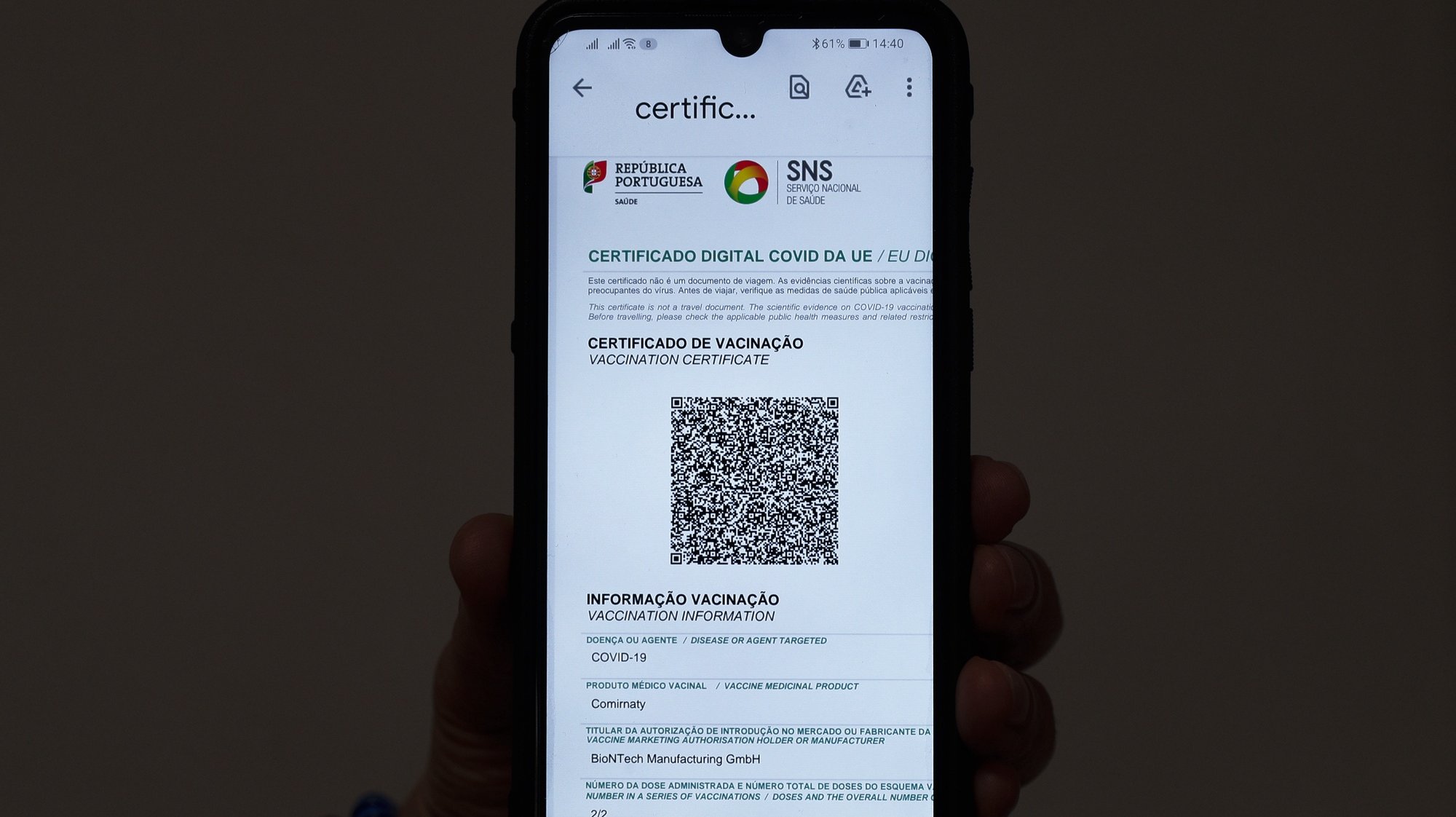 Certificado digital de vacinação, Lisboa, 18 de junho de 2021. ANTÓNIO COTRIM/LUSA