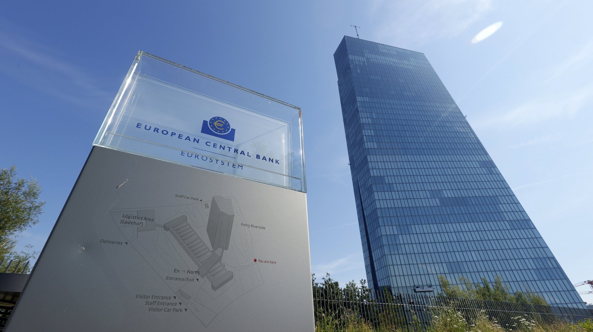 epa08545436 A general view of a sign in front of the building of the European Central Bank (ECB) in Frankfurt am Main, Germany, 14 July 2020.  EPA/RONALD WITTEK