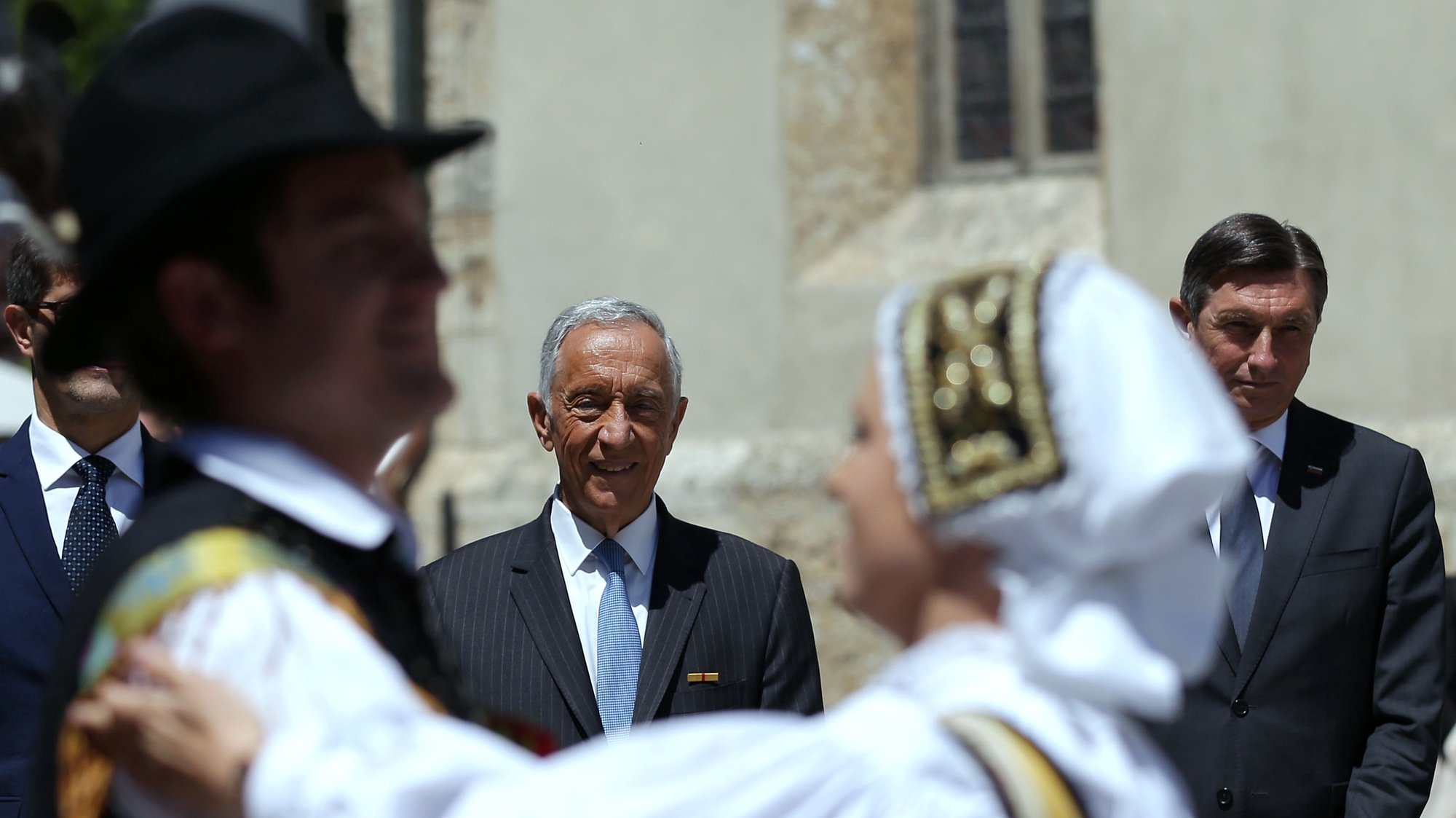 The President of Portugal, Marcelo Rebelo de Sousa (C) with the President of Slovenia, Borut Pahor (R) attend a show of slovenian traditional dances in historic city center of Kranj, in Slovenia, 01 june 2021. Marcelo Rebelo de Sousa is on an official visit to Slovenia between Sunday and Tuesday, and will then head to Bulgaria. ESTELA SILVA/LUSA