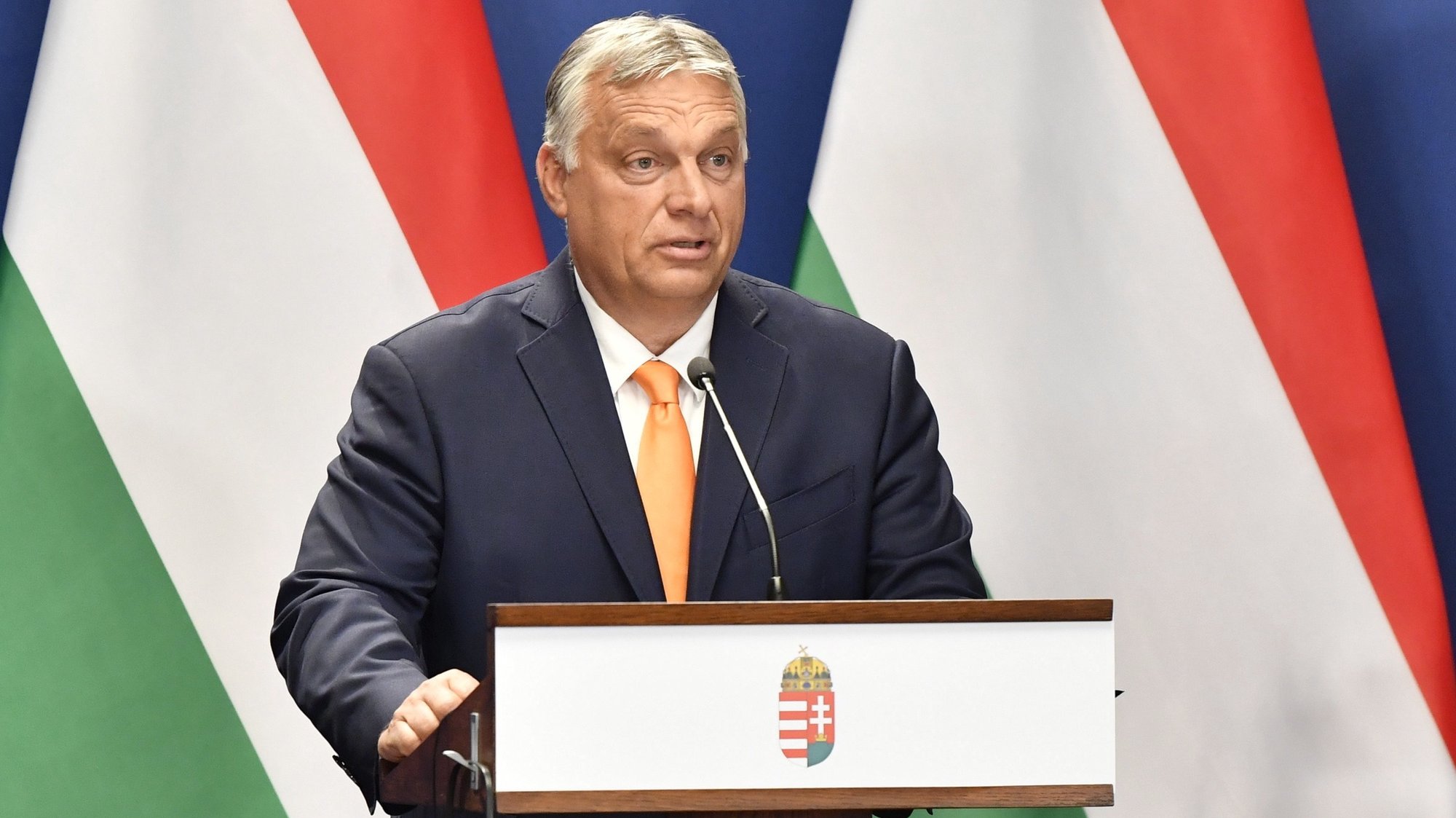 epa09455032 Hungarian Prime Minister Viktor Orban speaks during a joint press conference with his Serbian counterpart Ana Brnabic following the 6th Hungarian-Serbian government summit in Budapest, Hungary, 08 September 2021.  EPA/Zoltan Mathe HUNGARY OUT