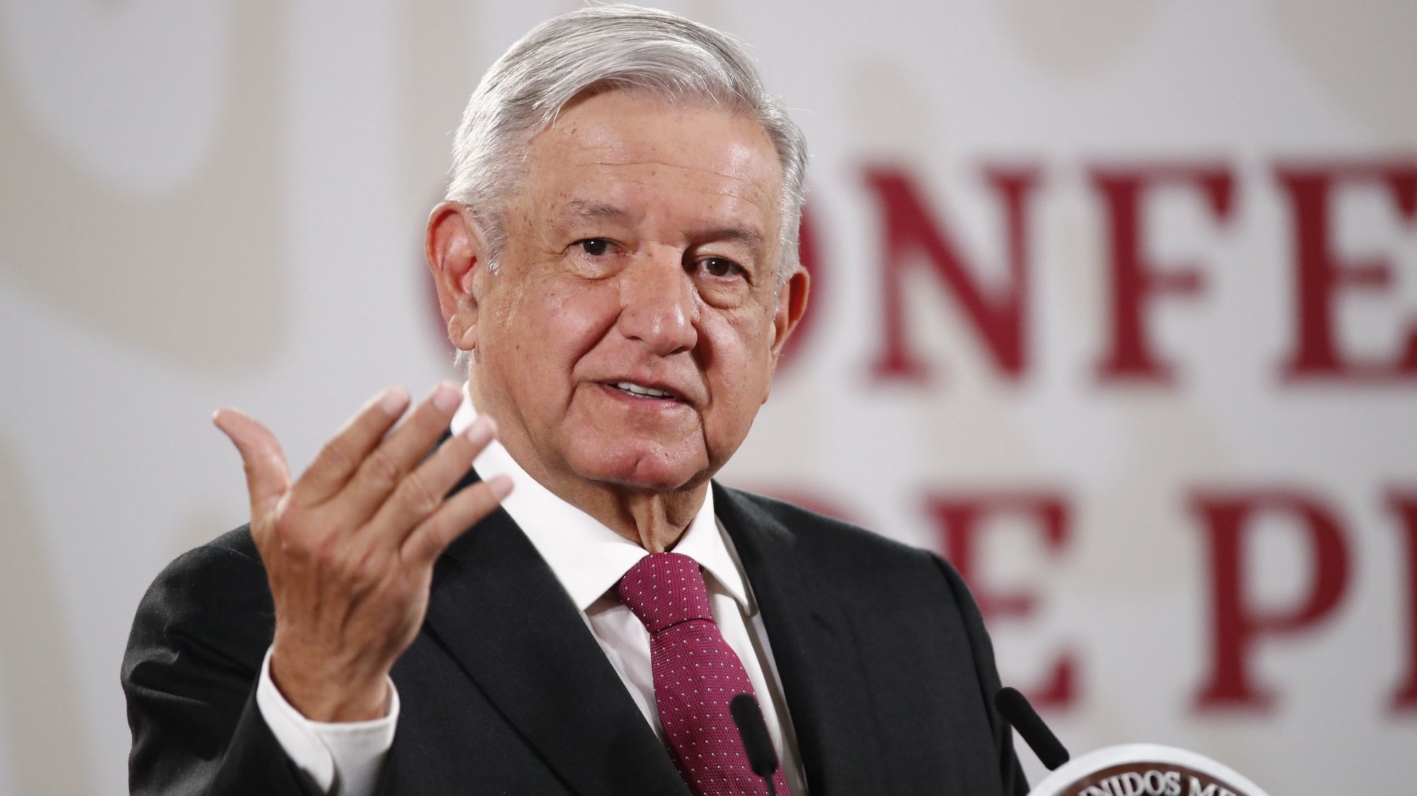 epa08963389 (FILE) - The President of Mexico, Andres Manuel Lopez Obrador, speaks during a morning press conferenceat the National Palace in Mexico City, Mexico, 01 July 2020 (reissued 25 January 2021). Lopez Obrador announced on 24 January that he has tested positive for Covid-19.  EPA/Jose Mendez