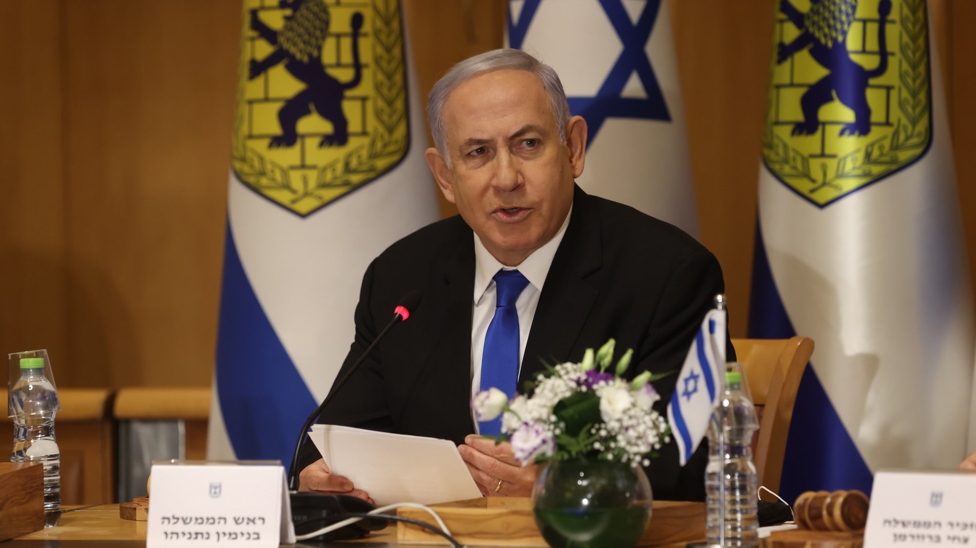 epa09187400 Israeli Prime Minister Benjamin Netanyahu  during a special cabinet meeting on the occasion of Jerusalem Day in Jerusalem, Israel, 09 May 2021. Jerusalem Day is an Israeli national holiday that celebrates the establishment of Israeli control over the Old City in the aftermath of the June 1967 Six-Day War.  EPA/AMIT SHABI/ POOL