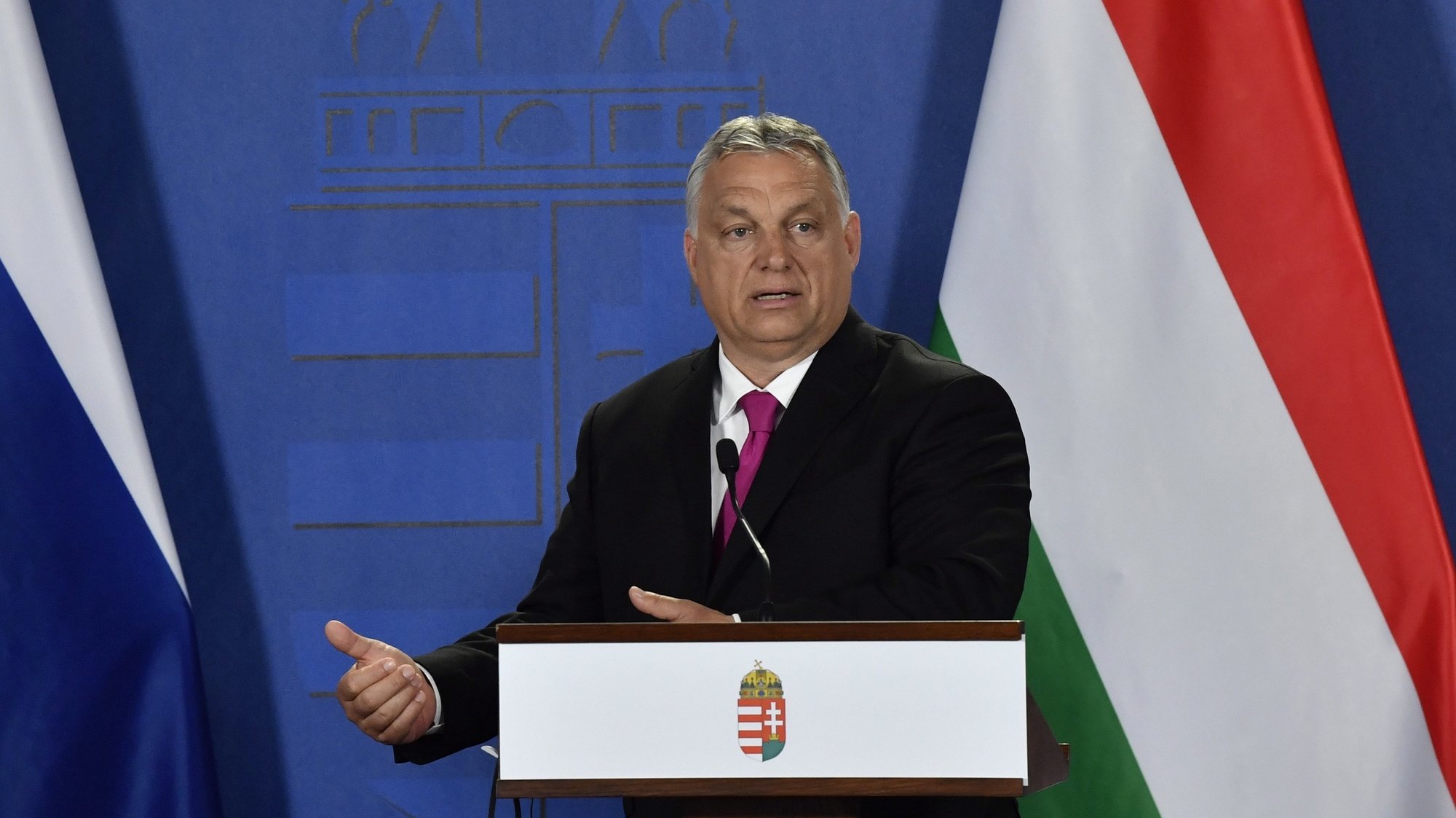 epa09310789 Hungarian Prime Minister Viktor Orban speaks during a joint press conference with his Slovakian counterpart Eduard Heger (not seen) at the PM&#039;s office in Budapest, Hungary, 29 June 2021.  EPA/Zoltan Mathe HUNGARY OUT HANDOUT EDITORIAL USE ONLY/NO SALES/NO ARCHIVES