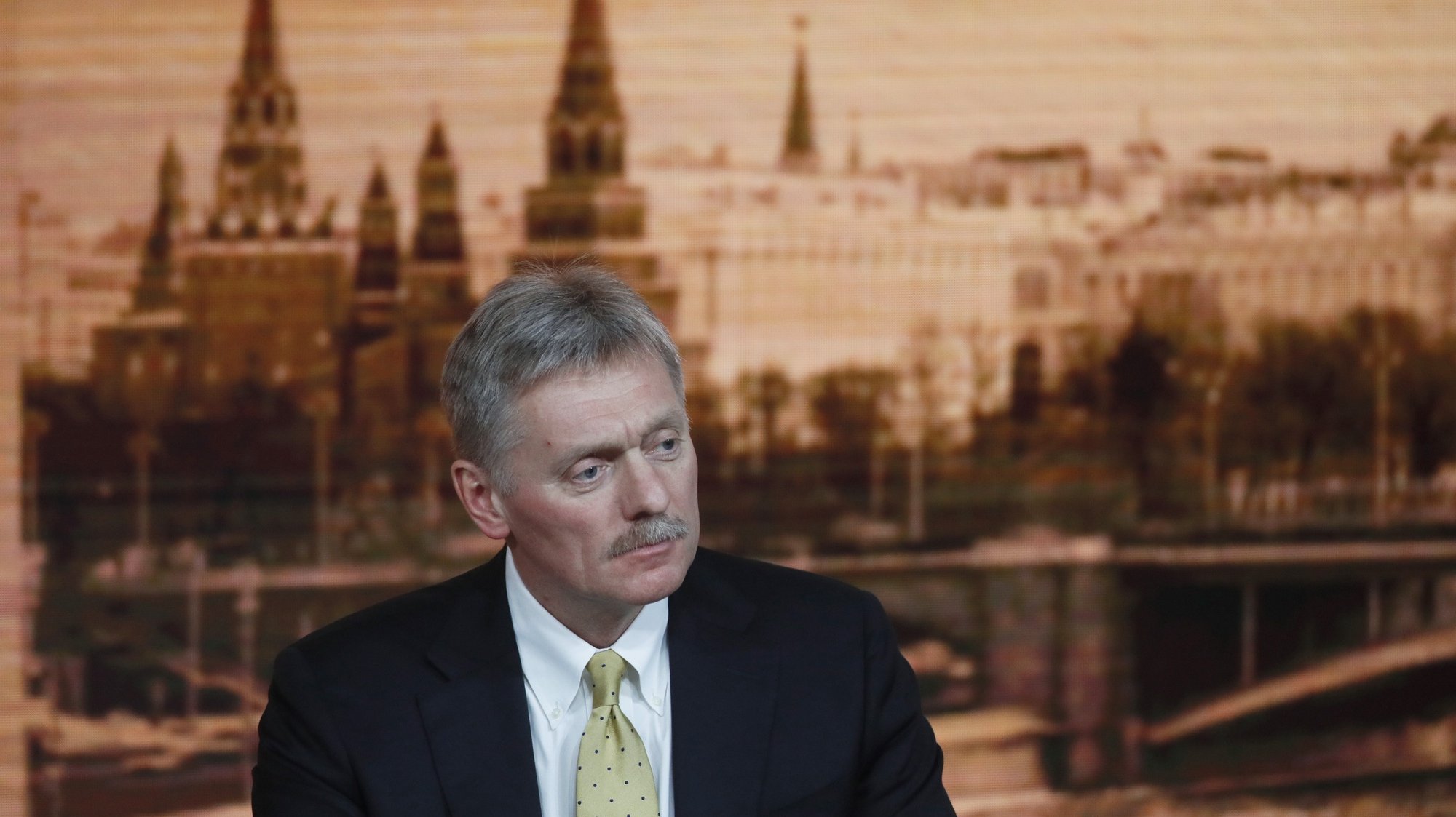 epa08416803 (FILE)  Kremlin spokesman Dmitry Peskov attends Russian President Vladimir Putin&#039;s annual life-broadcasted news conference with Russian and foreign media at the World Trade Center in Moscow, Russia, 19 December 2019 (reissued 12 May 2020). According to reports on 12 May, Kremlin spokesman Dmitry Peskov was hospitalised after testing positive for coronavirus COVID-19.  EPA/YURI KOCHETKOV *** Local Caption *** 55719978