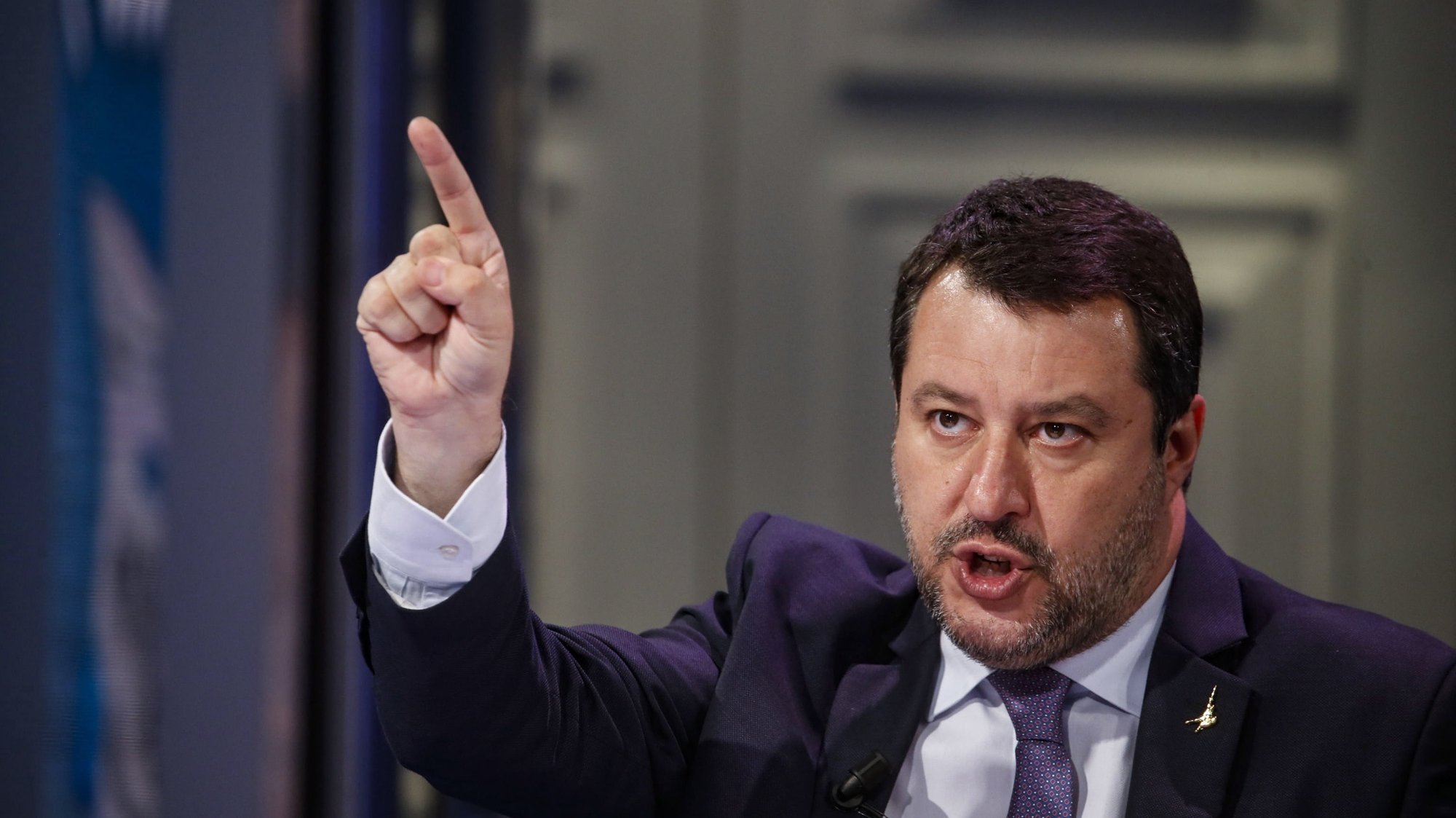 epa09135403 League party leader Matteo Salvini during the broadcast of TV talk show &#039;Porta a Porta&#039;, in Rome, Italy, 14 April 2021. Salvini said his party was demanding from the government to reopen restaurants.  EPA/FABIO FRUSTACI