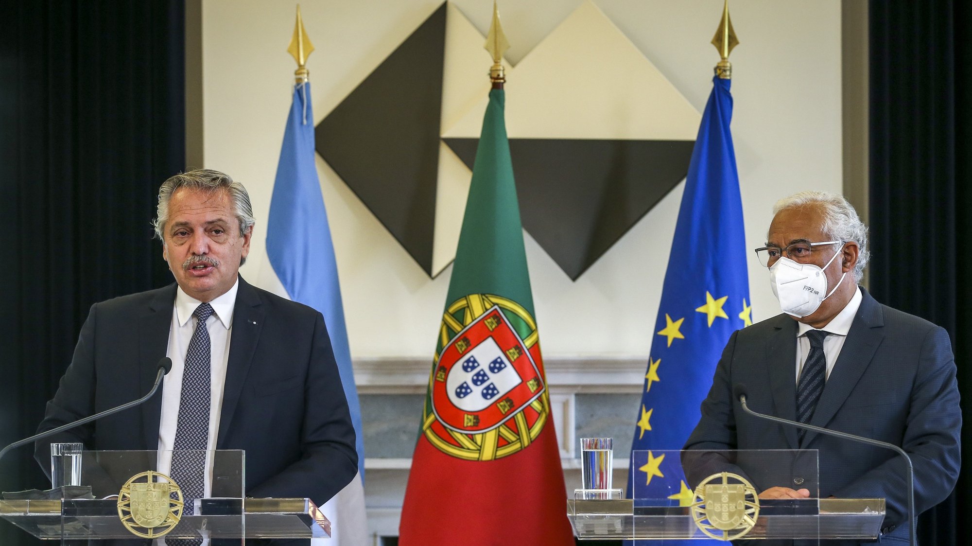 Argentine President Alberto Fernandez (L) and Portuguese Prime Minister Antonio Costa (R) attend a press conference at the end of a meeting at Sao Bento Palace in Lisbon, Portugal, 10 May 2021. RODRIGO ANTUNES/LUSA