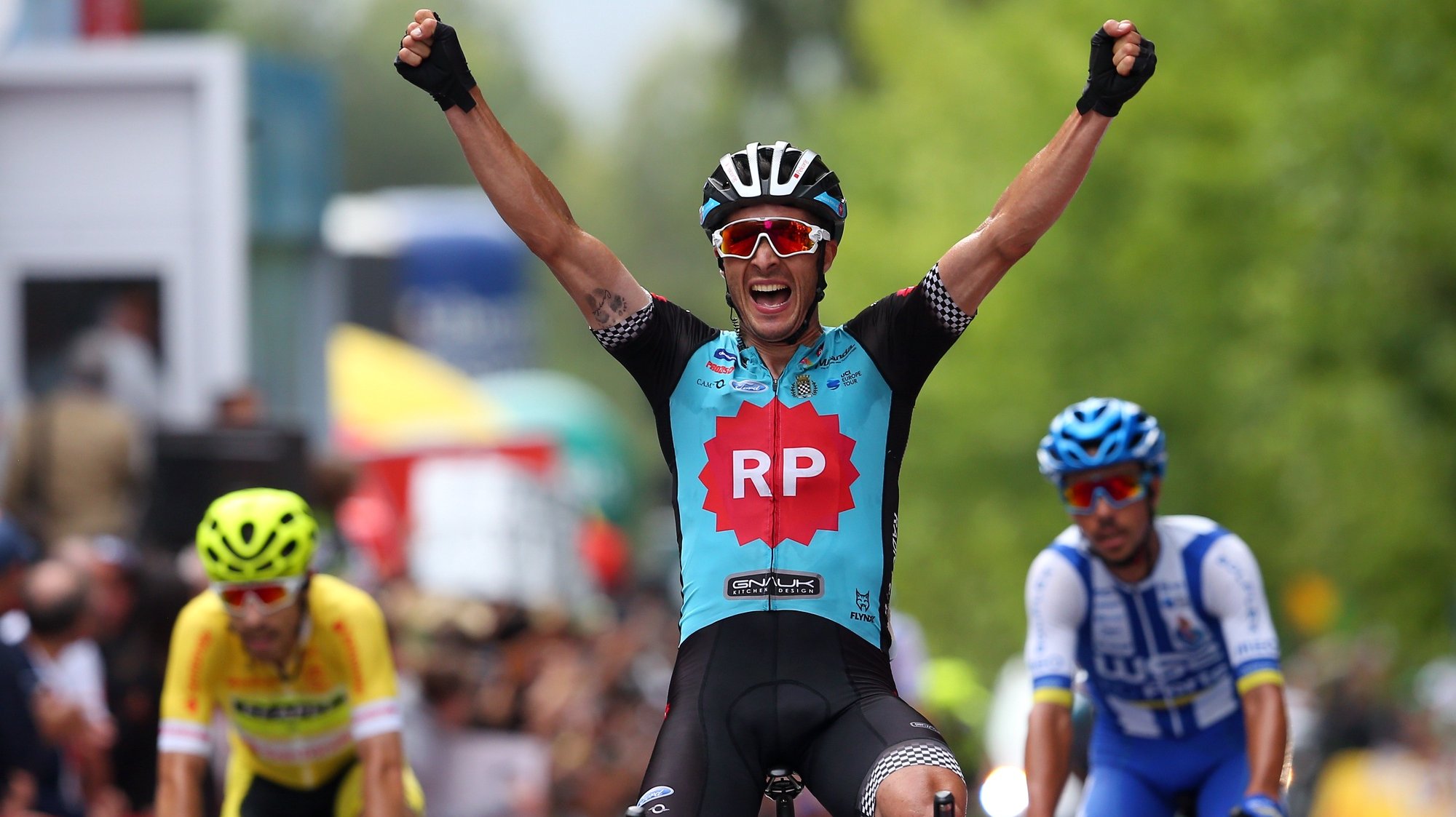 Portuguese rider of Radio Popular - Boavista team Joao Benta celebrates after winning the octave stage of the 81th CyclingTour of Portugal over 156,6 km between Viana do Castelo and Felgueiras, Portugal, 09th August 2019. NUNO VEIGA/LUSA
