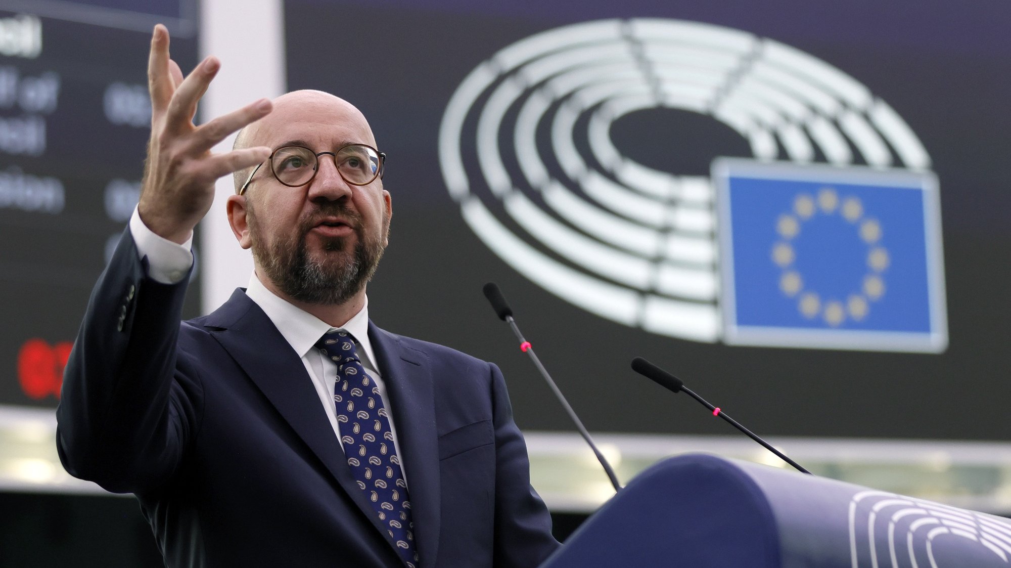 epa09873188 President of the European Council Charles Michel delivers a speech during a debate at the European Parliament in Strasbourg, France, 06 April 2022. The European Parliament on 06 April will review the results of the European Council held on 24 and 25 March, focusing on the latest developments of the war in Ukraine and the EU sanctions against Russia.  EPA/RONALD WITTEK