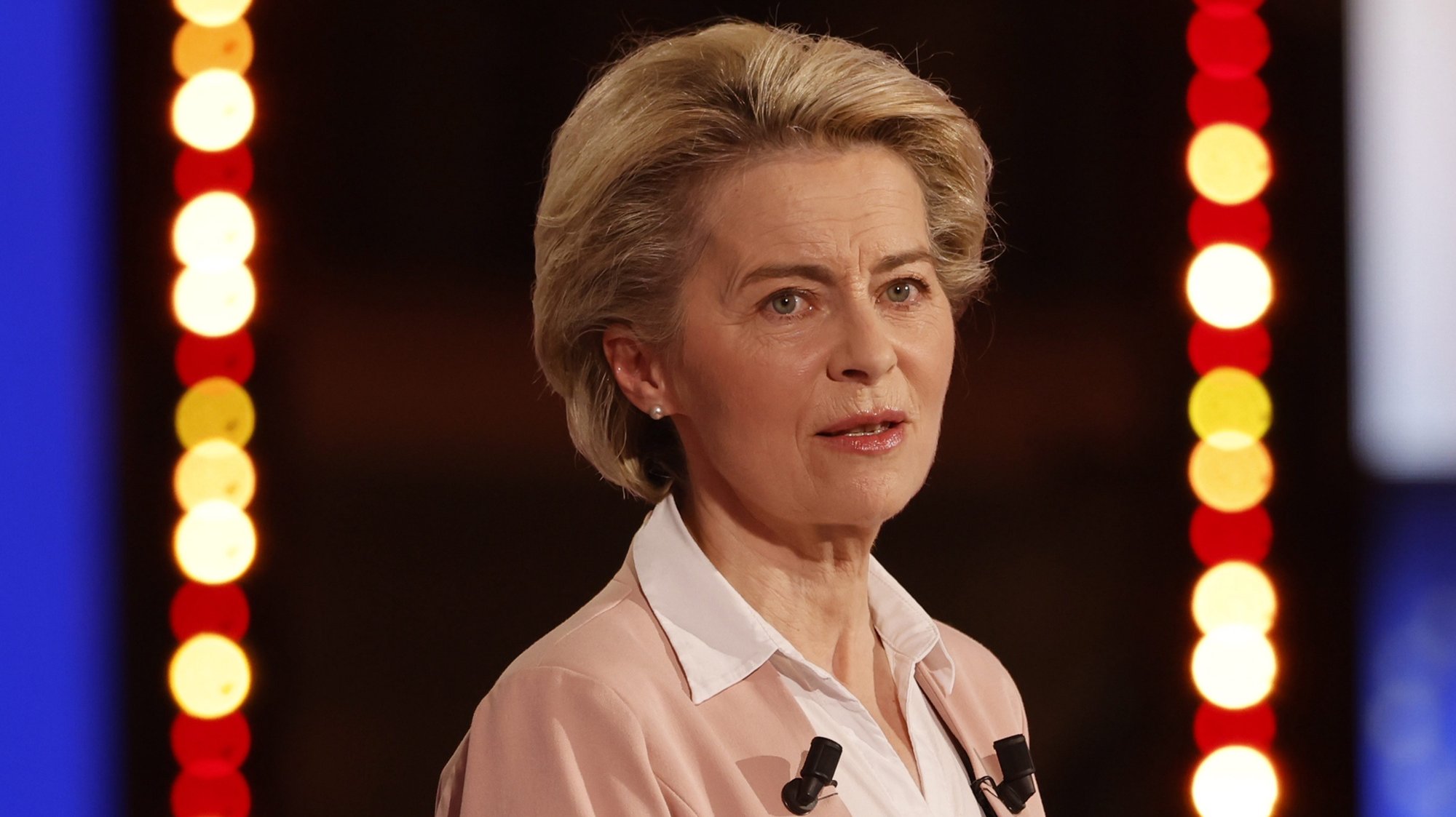 epa09187686 European Commission President Ursula von der Leyen delivers her speech during the Future of Europe conference at the European Parliament in Strasbourg, eastern France, Sunday, May 9, 2021.  EPA/Jean-Francois Badias / POOL  MAXPPP OUT