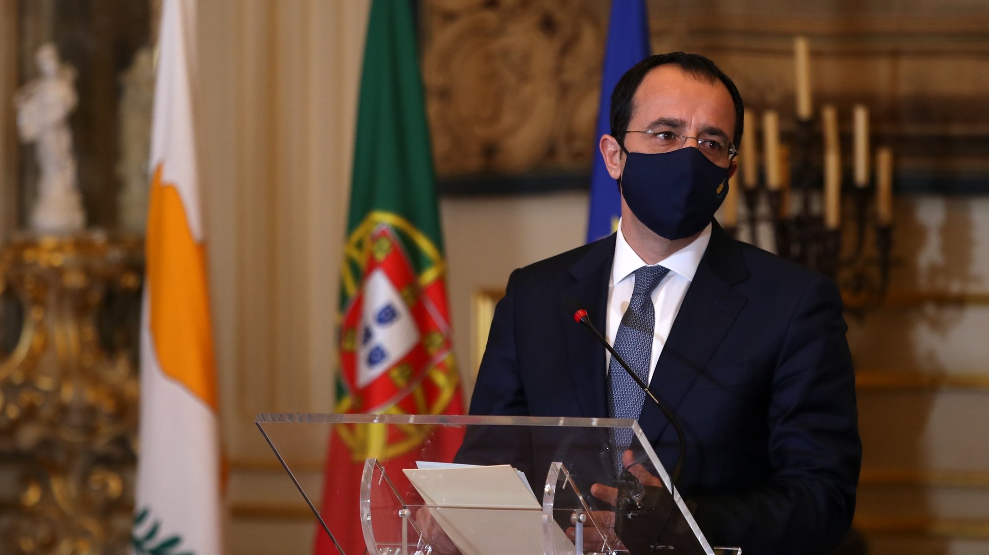 Cyprus Foreign Affairs Minister, Nikos Christodoulides, during a joint press conference with his Portuguese counterpart, Augusto Santos Silva (not pctured), after a meeting at the Portuguese Foreign Ministery in Lisbon, 6th January 2021.    MANUEL DE ALMEIDA/LUSA