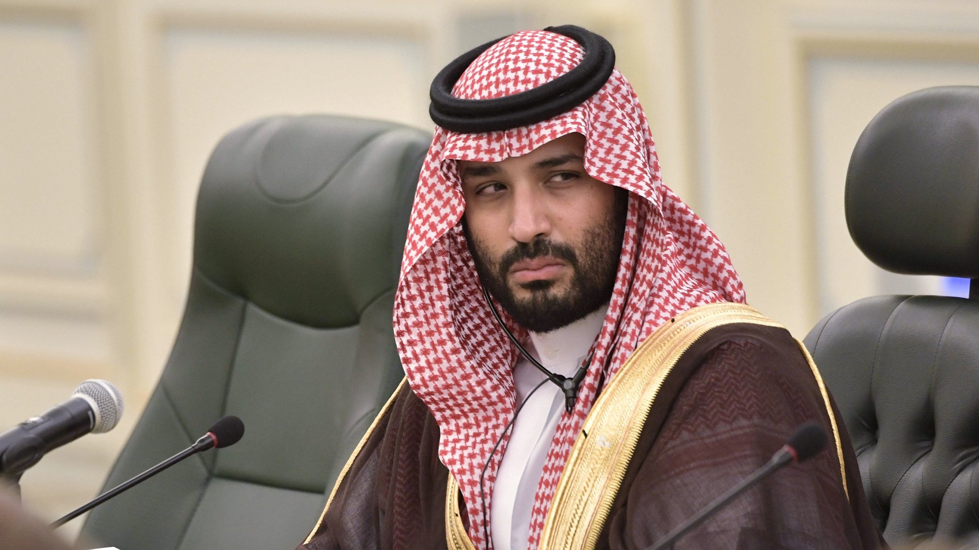 epa08151281 (FILE) - Saudi Arabia&#039;s Crown Prince Mohammed bin Salman attends a meeting with Russian President Vladimir Putin (not pictured) at the Saudi Royal palace in Riyadh, Saudi Arabia, 14 October 2019 (reissued 22 January 2020). According to media reports, the phone of Amazon CEO Jeff Bezos appears to have been hacked through a Whatsapp account allegedly belonging to Saudi Crown Prince Mohammed bin Salman, UN experts say.  EPA/ALEXEY NIKOLSKY/SPUTNIK/KREMLIN/ POOL MANDATORY CREDIT *** Local Caption *** 55547760