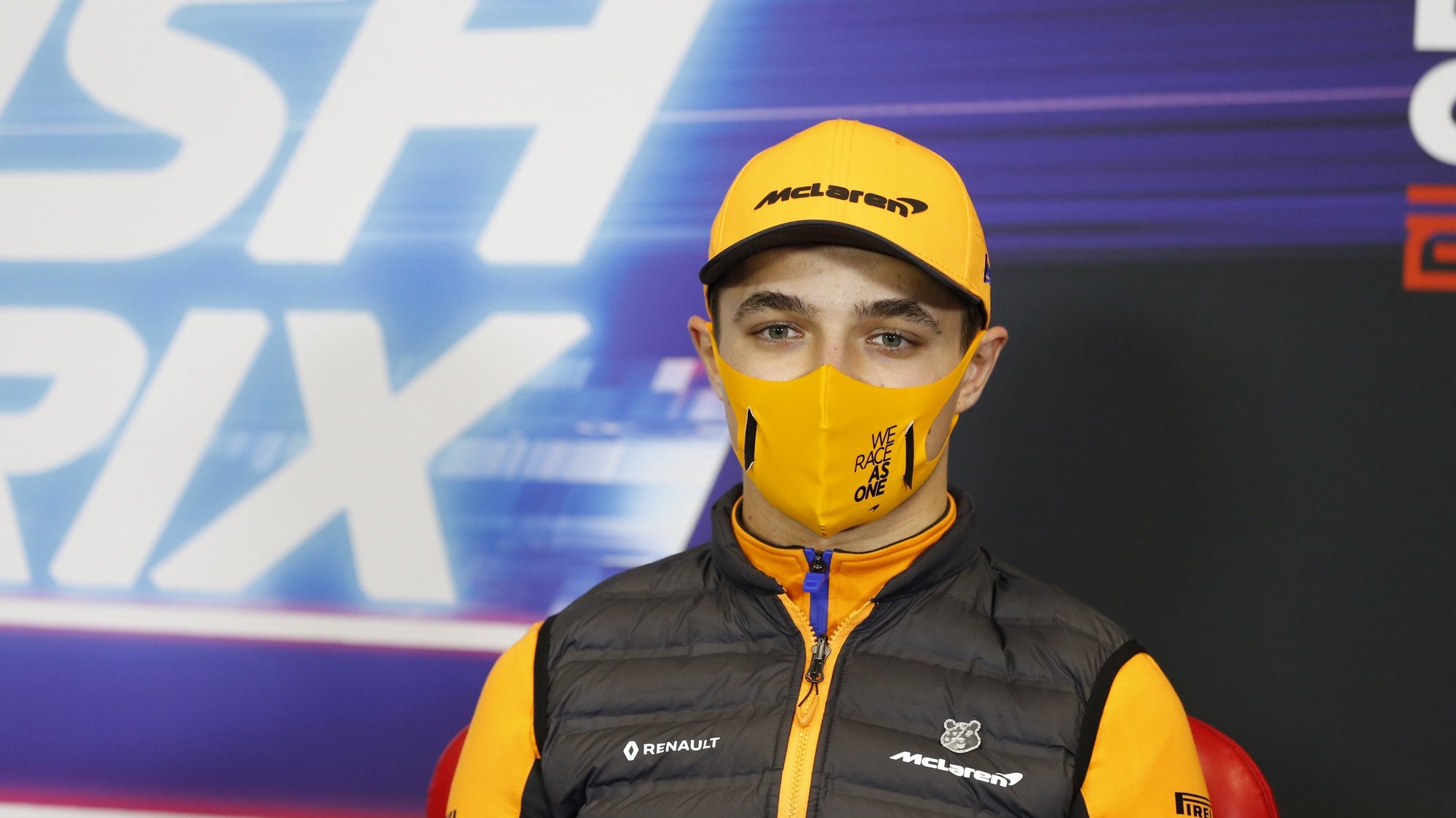 epa08815865 A handout photo made available by the FIA of British Formula One driver Lando Norris of McLaren wearing a protective face mask during a press conference in Istanbul, Turkey, 12 November 2020. The Formula One Grand Prix of Turkey will take place on 15 November 2020 at Intercity Istanbul Park.  EPA/Antonin Vincent - FIA/F1 HANDOUT  SHUTTERSTOCK OUT HANDOUT EDITORIAL USE ONLY/NO SALES