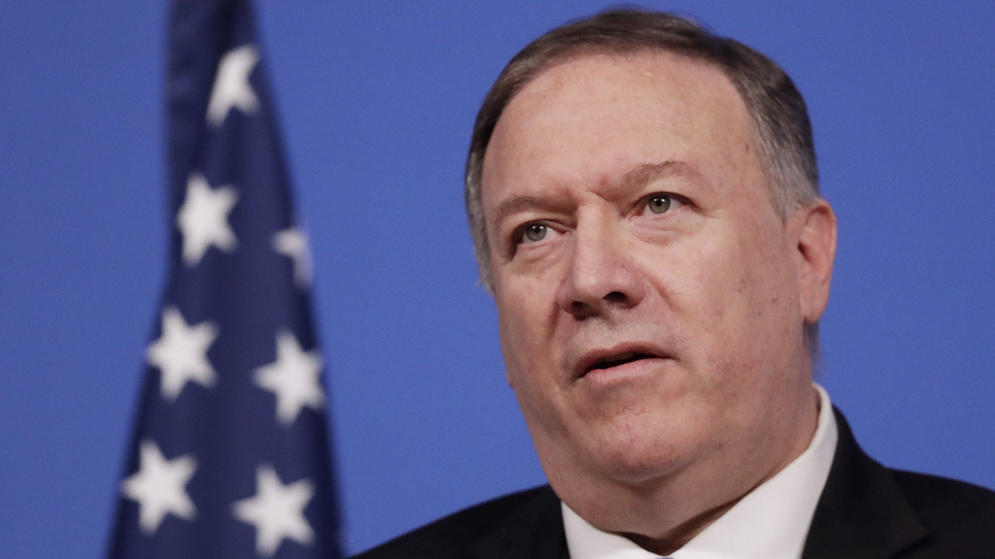 epa08933372 (FILE) - US Secretary of State Mike Pompeo speaks during a press conference during NATO foreign ministers meeting in Brussels, Belgium, 20 November 2019 (reissued 12 January 2021). The US State Separtment on 12 January 2021 announced that State Secretay Mike Pompeo&#039;s trip to Belgium has been cancelled. The trip was scheduled for 13-14 January.  EPA/OLIVIER HOSLET *** Local Caption *** 55648040