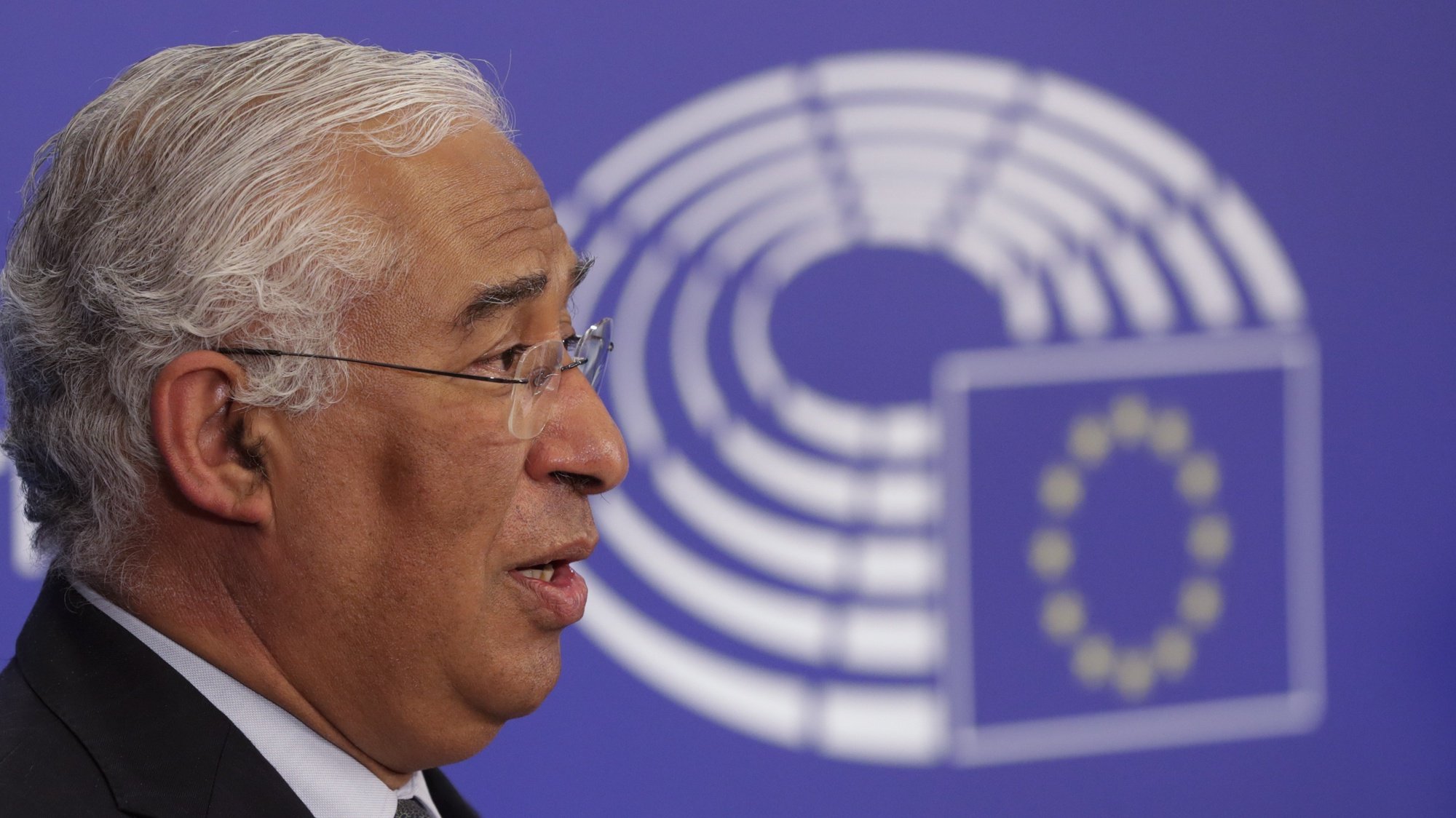 epa08951409 Portuguese Prime Minister Antonio Costa  during a press conference following a debate to present the programme of activities of the Portuguese presidency of the EU at plenary session of the European Parliament, in Brussels, Belgium, 20 January 2021.  EPA/OLIVIER HOSLET