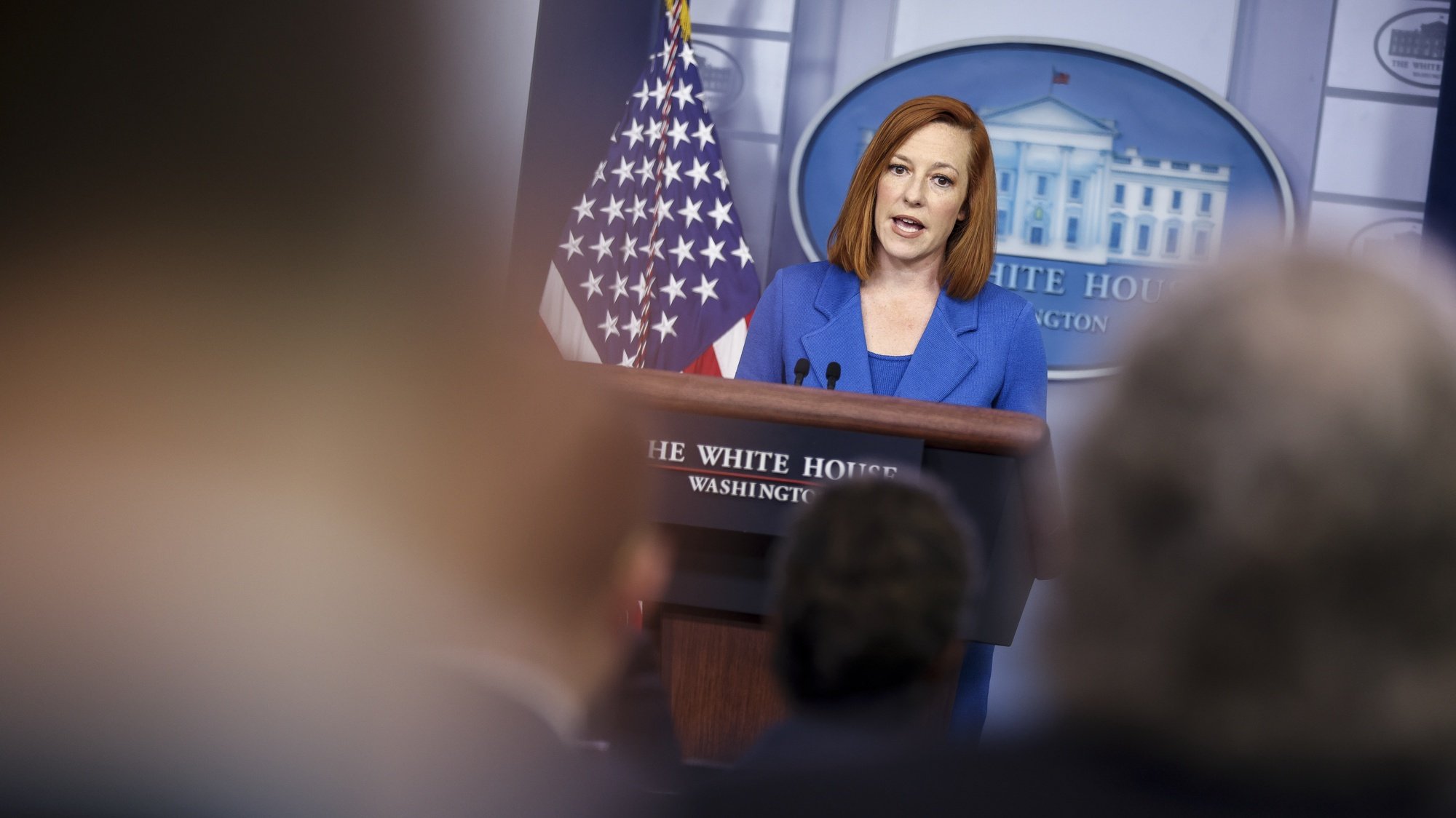 epa09225492 White House Press Secretary Jen Psaki talks to reporters during the daily press briefing in the Brady Press Briefing Room of the White House in Washington, DC, USA, 24 May 2021.  EPA/Oliver Contreras / POOL