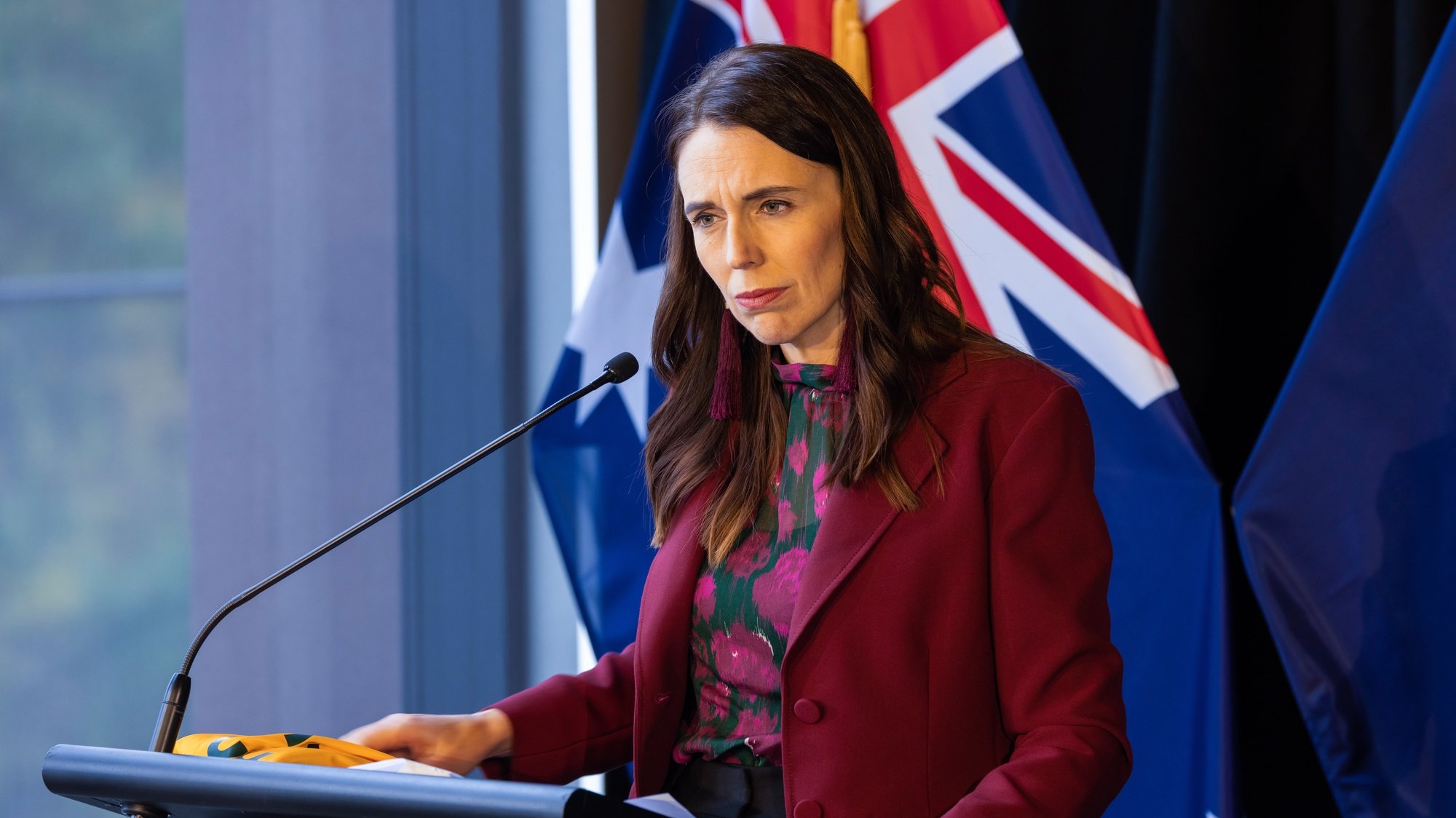 epa09238252 New Zealand Prime Minister Jacinda Ardern speaks during a press conference at The Nest in Queenstown, New Zealand, 31 May 2021. Australian Prime Minister Scott Morrison is on a two-day visit to New Zealand to attend the annual Australia-New Zealand Leaders&#039; Meeting.  EPA/PETER MEECHAM AUSTRALIA AND NEW ZEALAND OUT