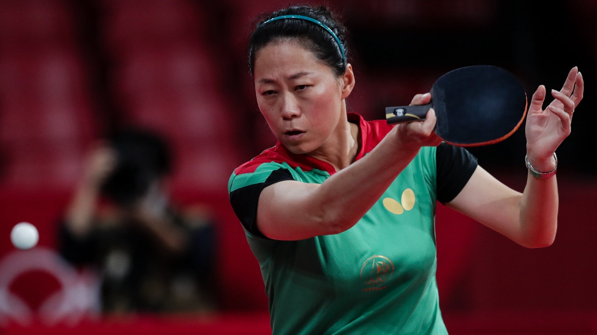 A portuguesa Fu Yu foi hoje eliminada na terceira ronda do torneio feminino de singulares de ténis de mesa dos Jogos Olímpicos Tóquio2020, ao perder com a japonesa Mima Ito por 4-1, no Ginásio Metropolitano de Tóquio, 27 de julho de 2021. TIAGO PETINGA/LUSA