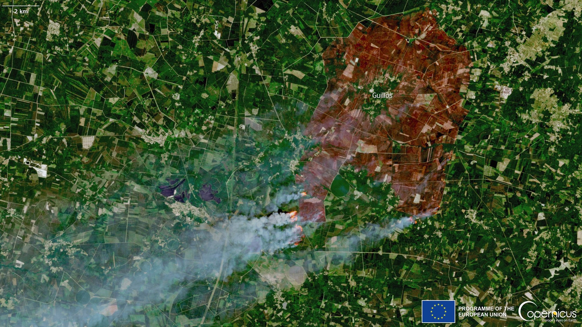 epa10079641 A handout image acquired on 17 July 2022 by one of the Copernicus Sentinel-2 satellites and made available by Copernicus, the European Union&#039;s Earth Observation Programme, shows active hotspots and the burn scar of the Landiras wildfire, western France (issued 19 July 2022). France&#039;s Gironde Department is in the grip of two wildfires as Europe is facing more sweltering temperatures amid a heatwave.  EPA/EUROPEAN UNION, COPERNICUS SENTINEL-2 IMAGERY HANDOUT -- MANDATORY CREDIT: EUROPEAN UNION, COPERNICUS SENTINEL-2 IMAGERY -- HANDOUT EDITORIAL USE ONLY/NO SALES