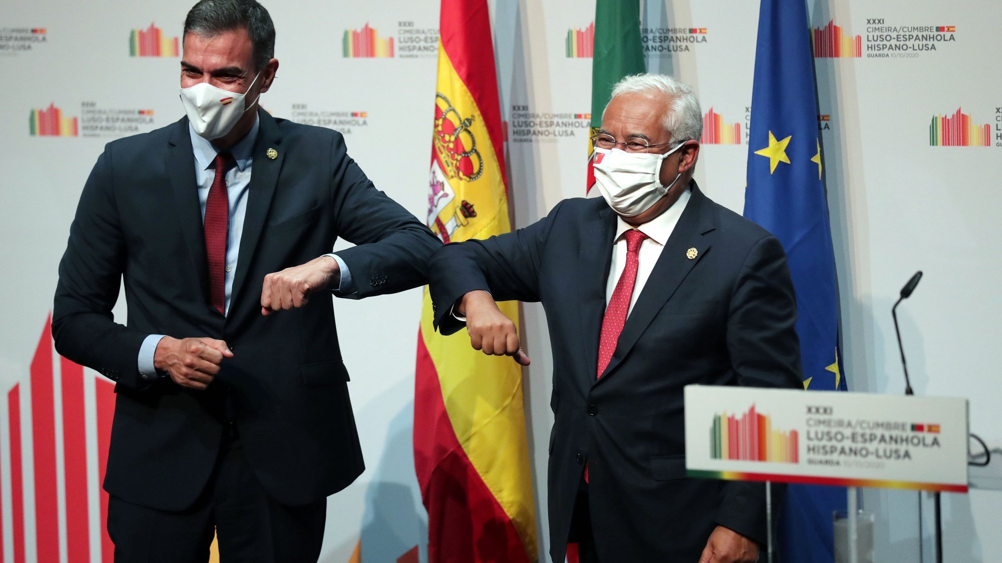 Portuguese Prime Minister, Antonio Costa (R), and his counterpart the President of the Spanish government, Pedro Sanchez (L), attend a conference during the 31th Portuguese Spanish Summit in Guarda, Portugal, 10 october 2020. Pedro Sanchez  is on a one day official visit to Guarda for the 31th Spanish-Portuguese Summit. ESTELA SILVA/LUSA