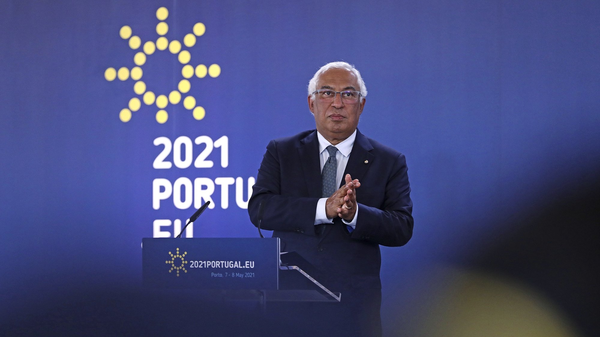 epa09185632 Portuguese Prime Minister Antonio Costa attends the final press conference at the end of the informal meeting during the 2nd day of the EU Social Summit at the Palacio de Cristal in Porto, Portugal, 08 May 2021. The European Union leaders met for a summit in Portugal, sending a signal they see the threat from COVID-19 on their continent as waning amid a quickening vaccine rollout. Their talks hope to repair some of the damage the coronavirus has caused in the bloc, in such areas as welfare and employment.  EPA/ANTONIO PEDRO SANTOS/POOL