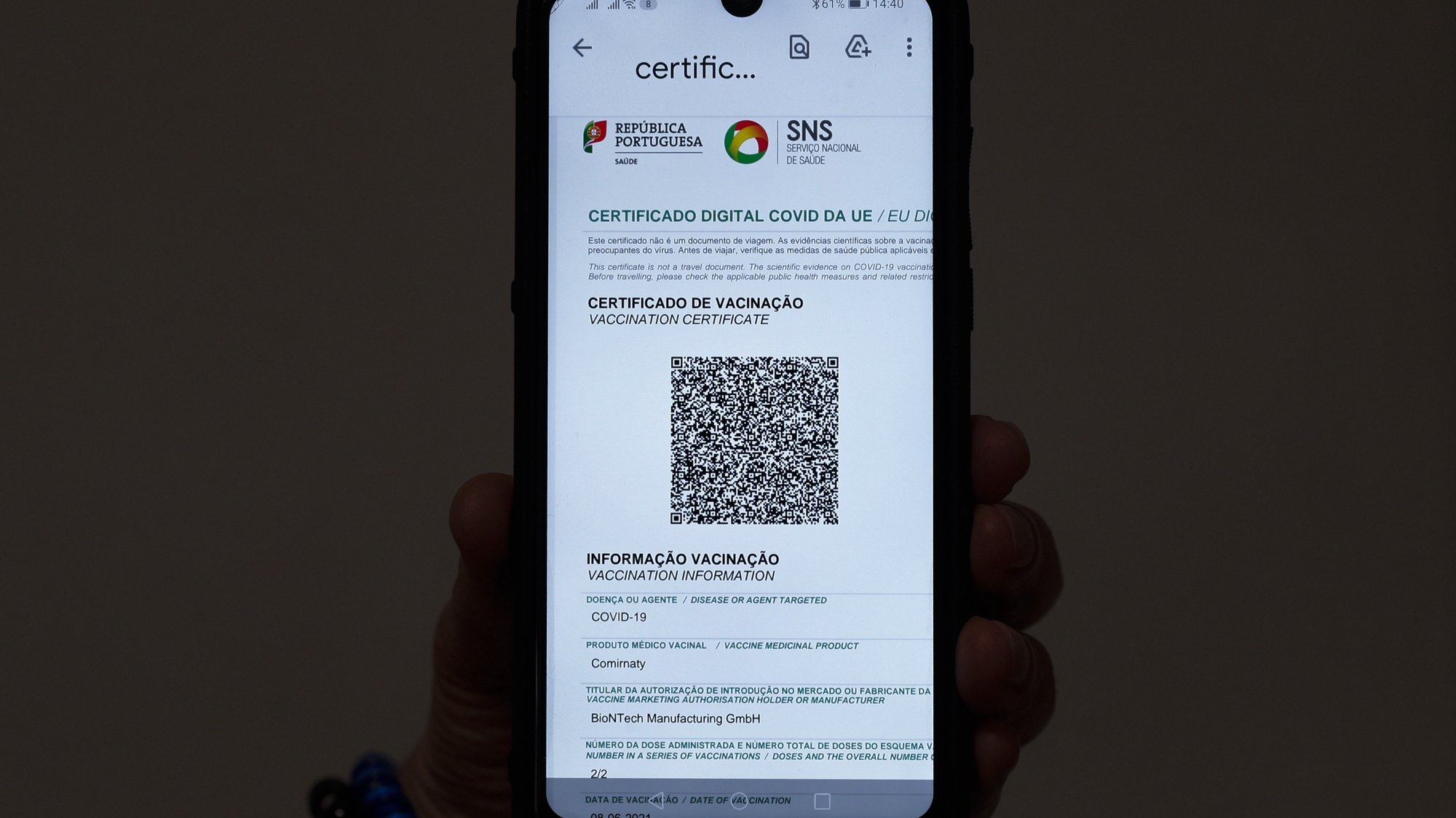 Certificado digital de vacinação, Lisboa, 18 de junho de 2021. ANTÓNIO COTRIM/LUSA
