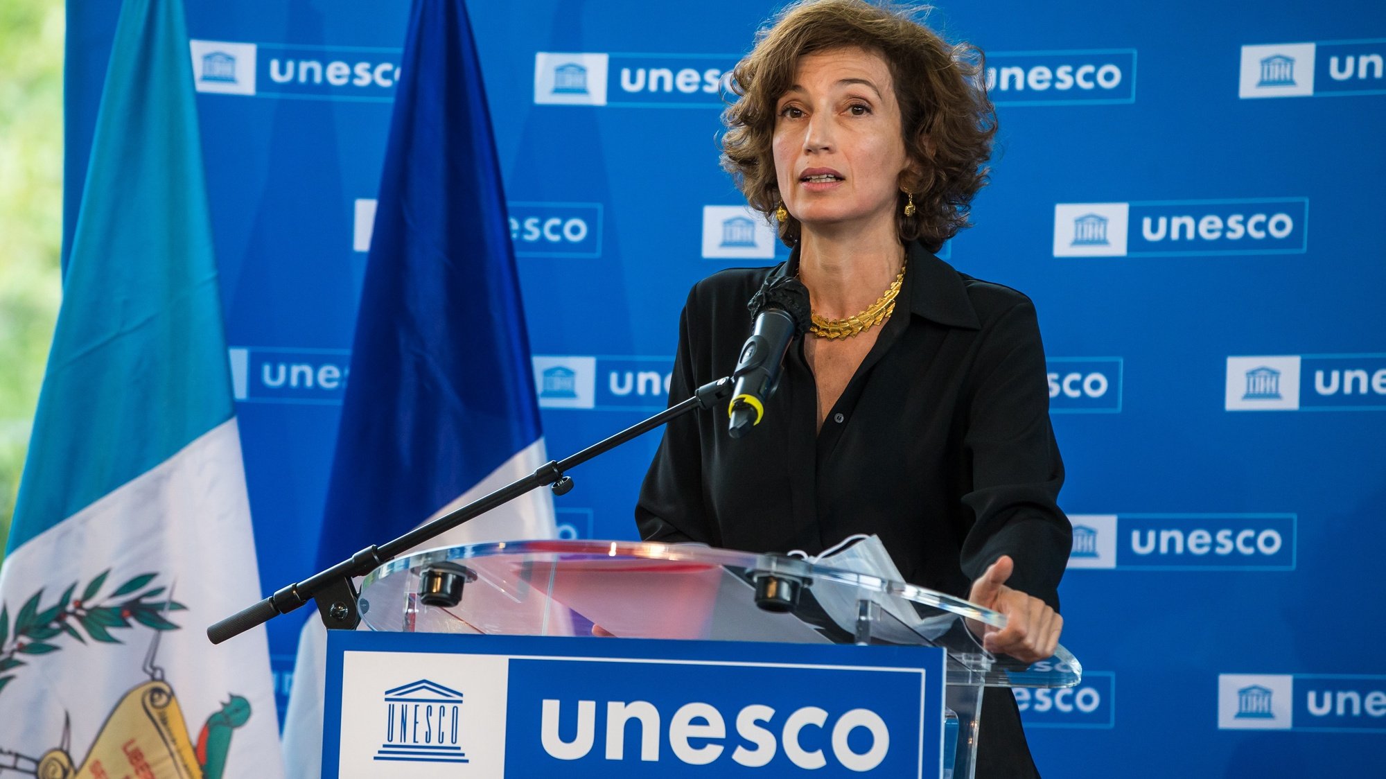 epa09545581 UNESCO Director-General Audrey Azoulay delivers a speech during an handover ceremony at Unesco headquarter, in Paris, France, 25 October 2021. Unesco hosted a ceremony for the voluntary handover by a French private collector of a fragment of a stela from the Piedras Negras archaeological site to the Ambassador of Guatemala to Unesco.  EPA/CHRISTOPHE PETIT TESSON