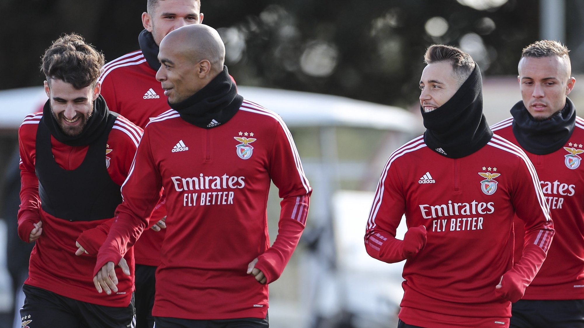 Benfica&#039;s players (L-R), Rafa Silva, Francisco Morato, Joao Mario, Alex Grimaldo, and Everton Soares in action during a training session at Benfica Campus in Seixal, outskirts of Lisbon, Portugal, 22 November 2021. Benfica will face Barcelona in their UEFA Champions League group E soccer match on 23 November 2021. MIGUEL A. LOPES/LUSA