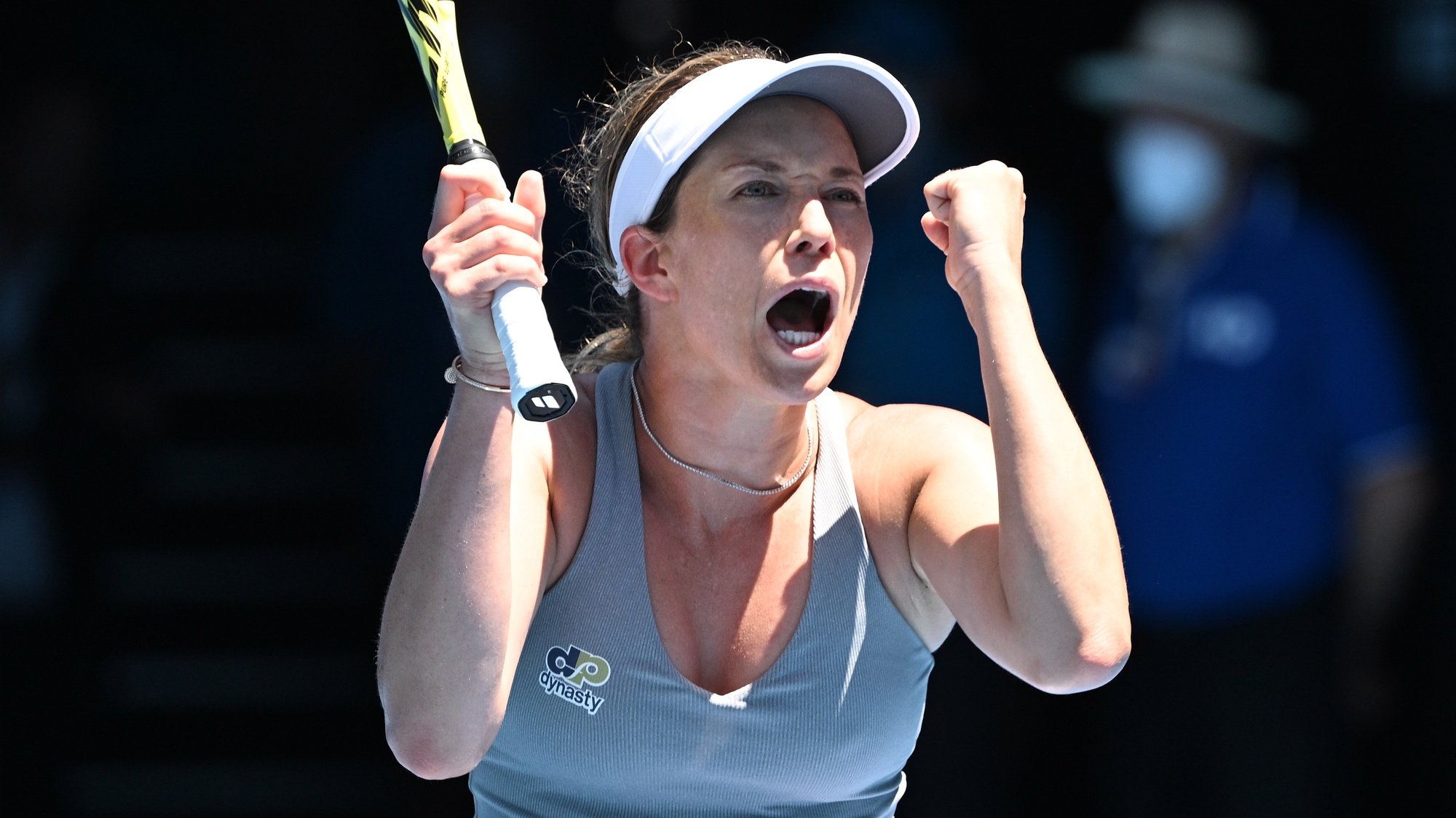 epa09709474 Danielle Collins of the US celebrates winning her quarter final match against Alize Cornet of France at the Australian Open Grand Slam tennis tournament at Melbourne Park, in Melbourne, Australia, 26 January 2022.  EPA/DAVE HUNT AUSTRALIA AND NEW ZEALAND OUT