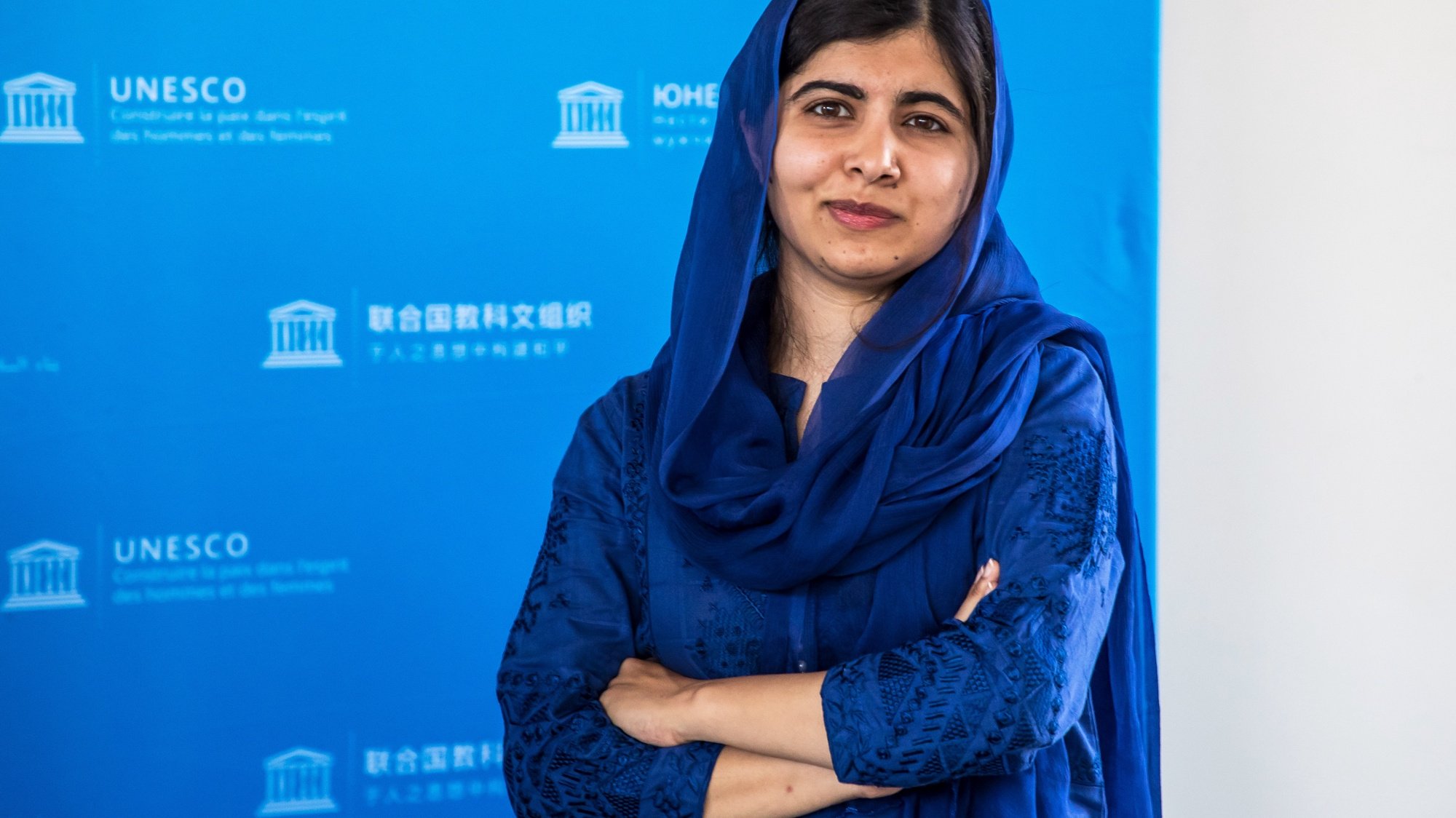 epa07697963 Nobel Peace Prize laureate Malala Yousafzai poses on the sidelines of the Education and development G7 ministers Summit, in Paris, France, 05 July 2019. France is hosting the rotating presidency of the G7 in 2019. The 45th G7 Summit will be held in August in Biarritz.  EPA/CHRISTOPHE PETIT TESSON / POOL