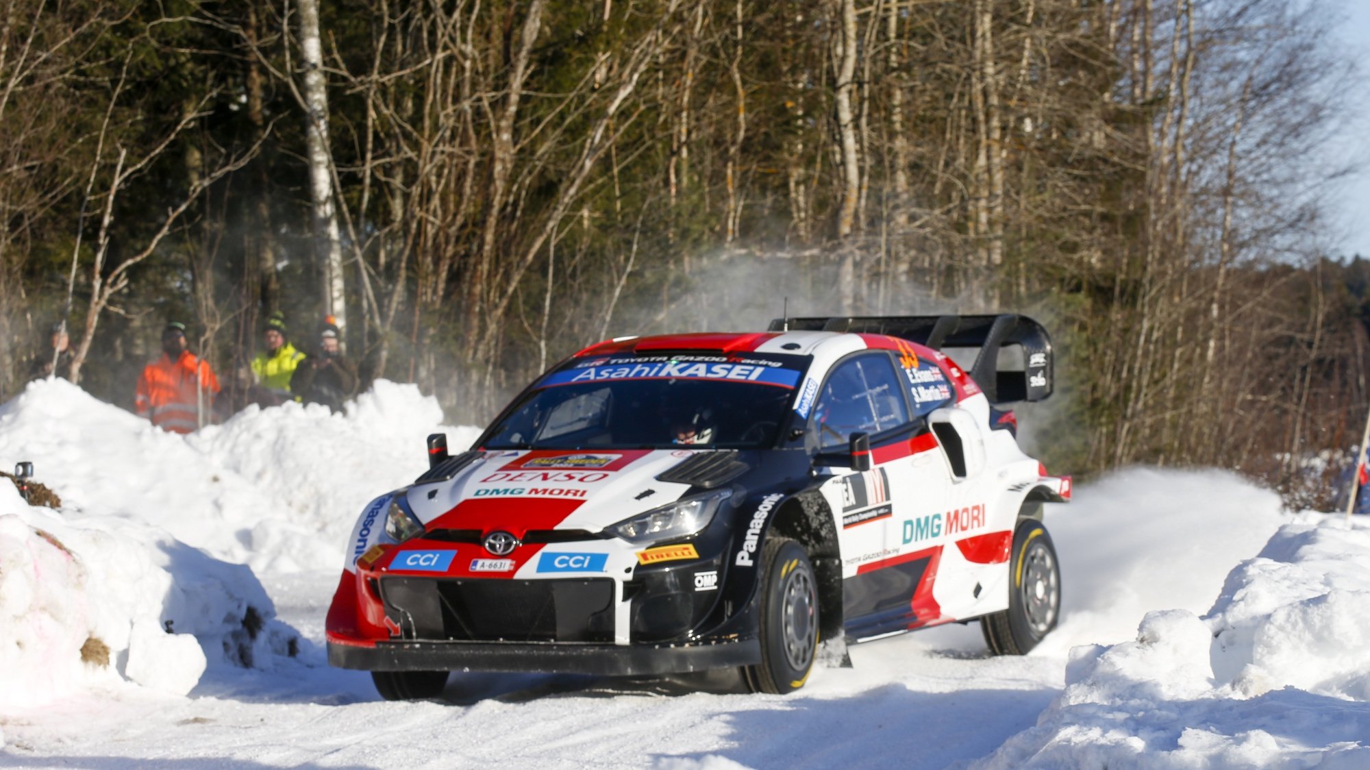 epa09786259 Elfyn Evans of Britain steers his Toyota GR Yaris during the Rally Sweden, as part of the World Rally Championship (WRC), in Umea Sweden, 26 February 2022.  EPA/Micke Fransson  SWEDEN OUT