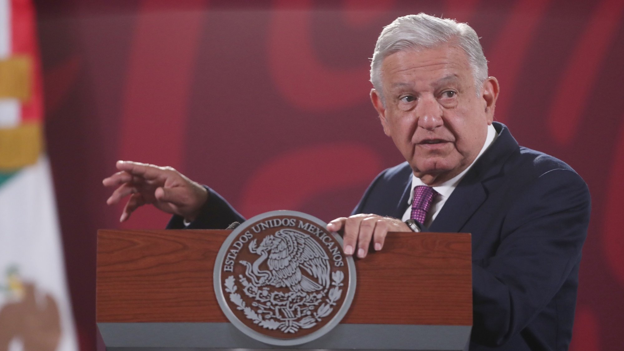 epa10025644 President of Mexico Andres Manuel Lopez Obrador speaks during his morning press conference at the National Palace in Mexico City, Mexico, 21 June 2022. Lopez Obrador said he will ask his US counterpart Joe Biden to review the case of Australian journalist Julian Assange, whom the US authorities seek to prosecute for the serious revelations on his WikiLeaks website.  EPA/SASHENKA GUTIERREZ