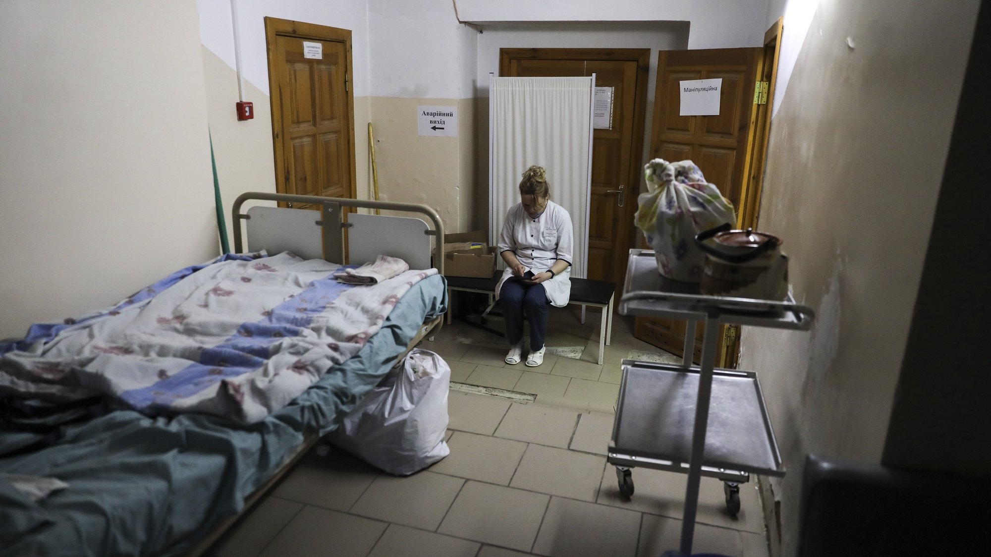 A nurse works on the shelter of the  the Zhytomyr Regional Perinatal Center in Zhytomyr, Ukrain, 20th March 2022. This Center was bombarded on the early morning of 2th of March. Russian troops entered Ukraine on 24 February prompting the country&#039;s president to declare martial law and triggering a series of announcements by Western countries to impose severe economic sanctions on Russia. MIGUEL A. LOPES/LUSA
