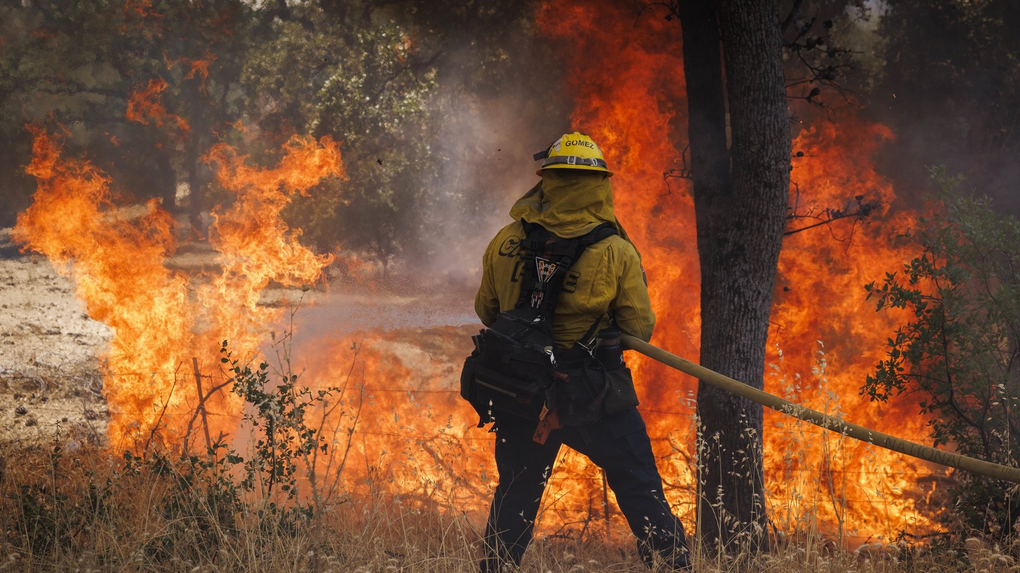 epa10088907 A firefighter battles the Oak Fire in Midpines, California, USA, 23 July 2022. The fire began on the edge of Yosemite National Park in the afternoon of 22 July, and rapidly expanded overnight to more than 6,000 acres (2,400 hectares), according to CalFire. Thousands of evacuations have been ordered as the fire continues to grow with zero percent containment.  EPA/PETER DA SILVA