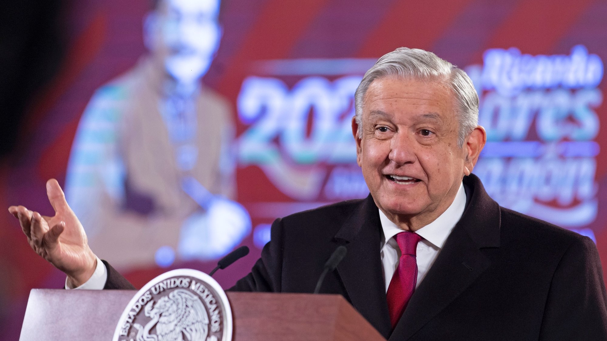 epa09677398 A handout photo made available by the Presidency of Mexico shows President Andres Manuel Lopez Obrador during a press conference today at the National Palace in Mexico City, Mexico, 10 January 2022. Lopez Obrador plans to visit different Central American countries this year, although without clarifying the dates, as he announced this 10 January in his morning press conference.  EPA/Mexican Presidency HANDOUT ONLY AVAILABLE TO ILLUSTRATE THE ACCOMPANYING NEWS (MANDATORY CREDIT) HANDOUT EDITORIAL USE ONLY/NO SALES