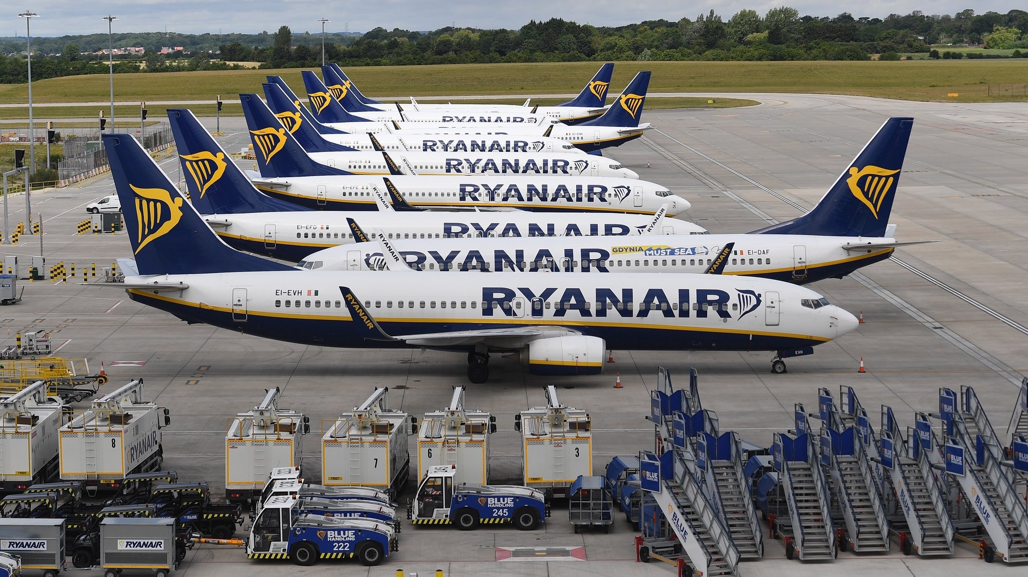 epa08568713 (FILE) - Ryanair aircraft at Stansted Airport in London, Britain, 01 July 2020 (reissued 27 July 2020). Ryanair, that suffered considerably of the pandemic of SARS-CoV-2 coronavirus which causes the Covid-19 disease, released their 1st quarter ended June 2020 results on 27 July 2020 saying they suffered a loss of 185 million euro as a result of having to ground their entire fleet of planes during the epidemic from mid-March to end of June because of EU-imposed travel and flight restrictions. The company made a 243 million euro profit in same quarter in 2019.  EPA/ANDY RAIN
