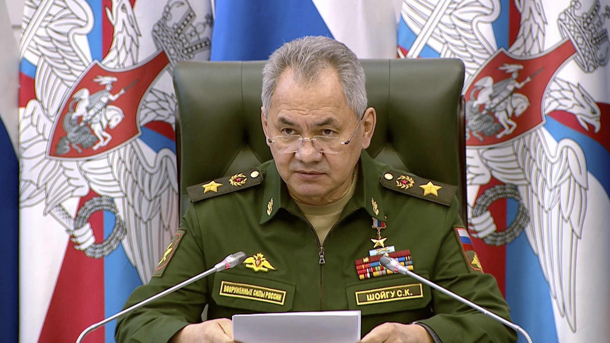 epa09897122 A handout still image taken from handout video made available by the Russian Defence ministry press-service shows Russian Defense Minister, General of the Army Sergei Shoigu takes part in a meeting of the Collegium of the Russian Ministry of Defense at the National Defense Control Center of the Russian Federation in Moscow, Russia, 19 April 2022. &#039;The United States and controlled Western countries are doing everything to delay the special military operation as much as possible. The growing volumes of supplies of foreign weapons clearly demonstrate their intentions to provoke the Kyiv regime to fight to the last Ukrainian,&#039; the Russian Defence Minister said.  EPA/RUSSIAN DEFENCE MINISTRY PRESS SERVICE / HANDOUT  HANDOUT EDITORIAL USE ONLY/NO SALES