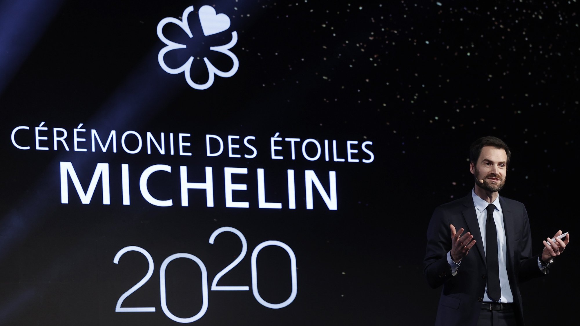 epa08170301 International Director of the Michelin guide, Gwendal Poullennec, delivers a statement at the 2020 Michelin star ceremony in Paris, France, 27 January 2020. The ceremony announces the 628 restaurants which will boast one, two or three coveted Michelin stars.  EPA/IAN LANGSDON