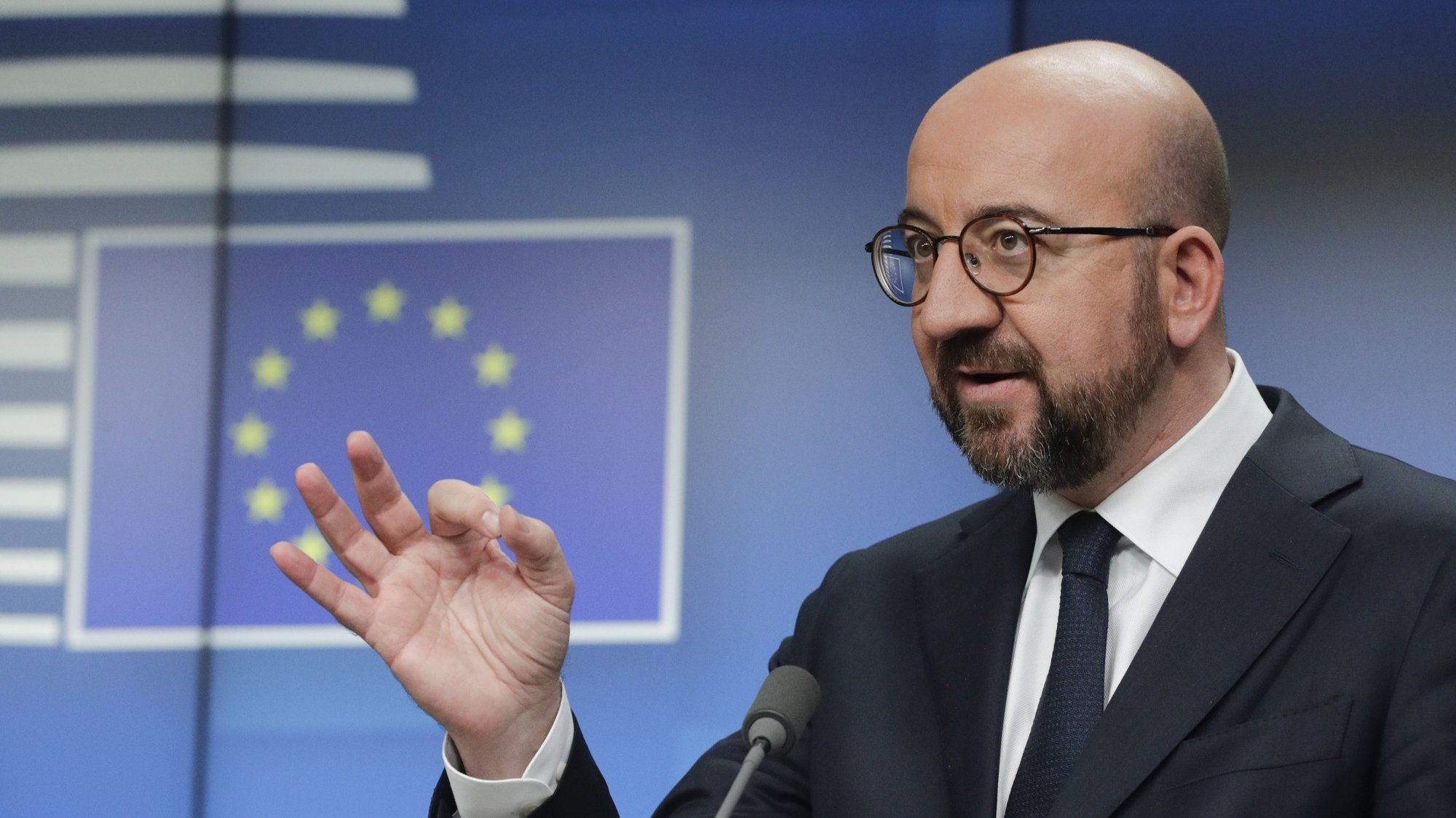 epa09849637 European Council President Charles Michel gives a press conference at the end of a two day European Council Summit in Brussels, Belgium, 25 March 2022.  EPA/OLIVIER HOSLET