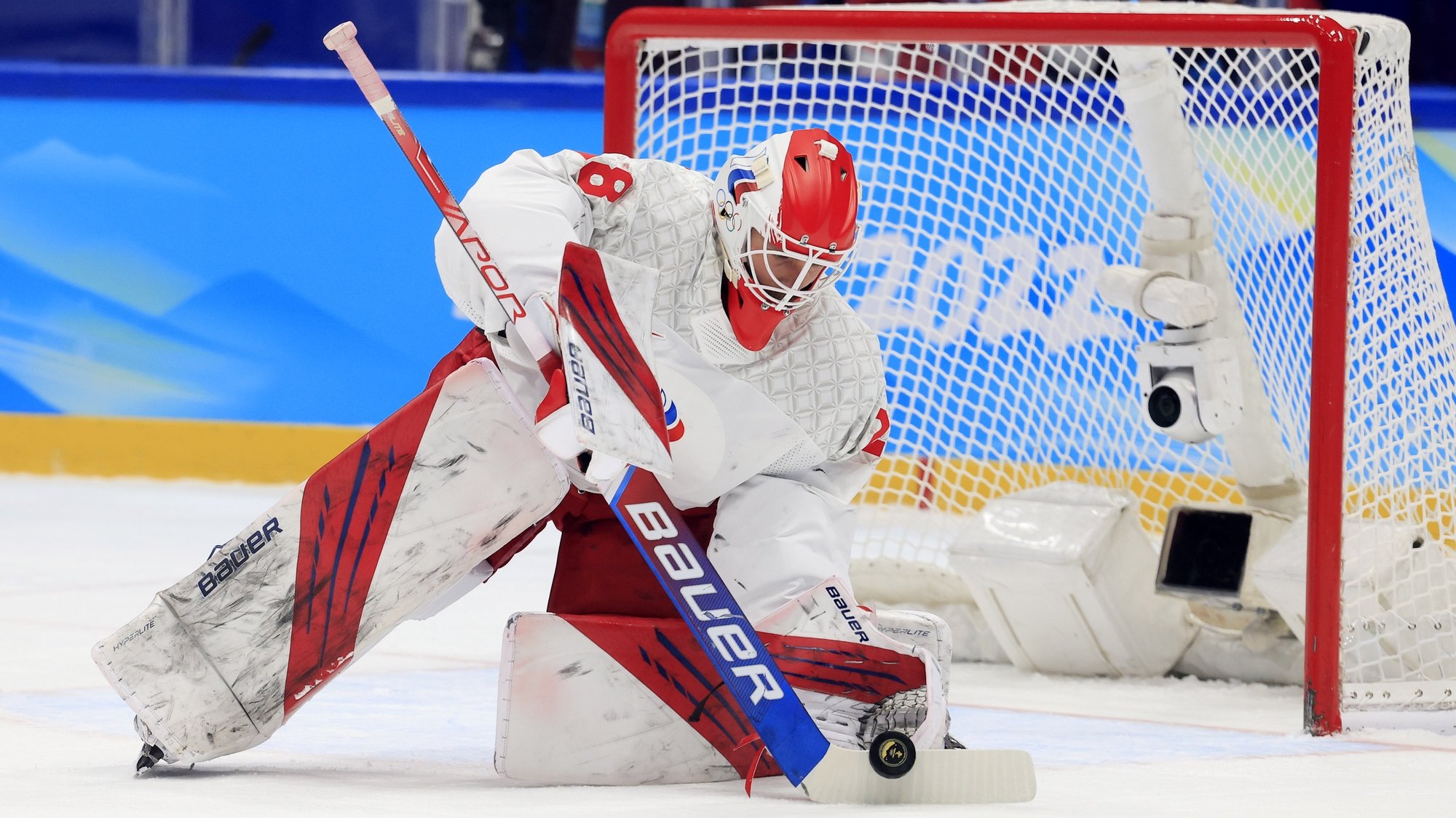 epa09773661 Goalkeeper Ivan Fedotov of Russia in action during Men&#039;s Ice Hockey gold medal match between Finland and the Russian Olympic Committee at the Beijing 2022 Olympic Games, Beijing, China, 20 February 2022.  EPA/ALEX PLAVEVSKI