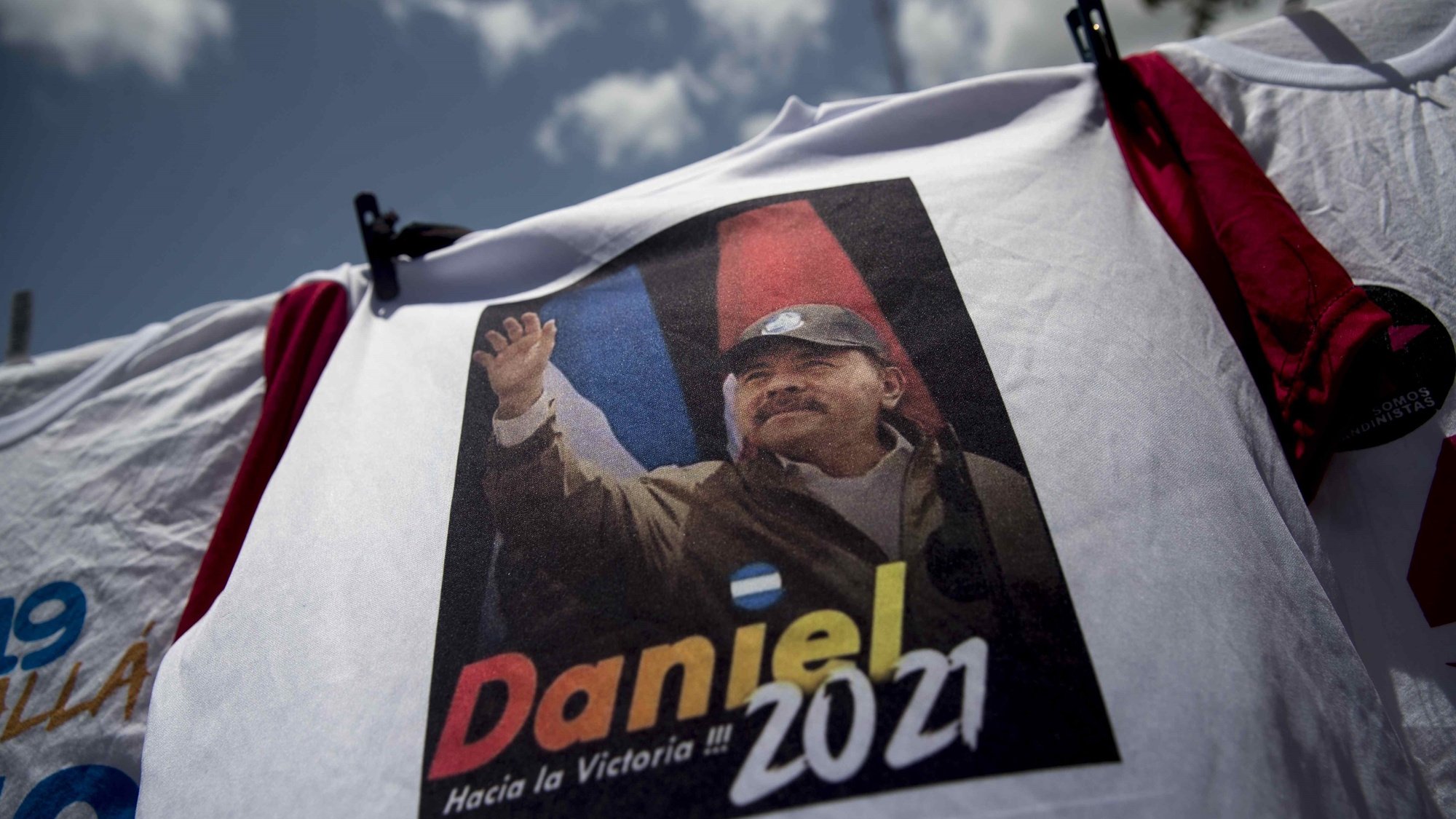 epa08554162 View of a t-shirt depicting Nicaraguan President Daniel Ortega in honor of the Nicaraguan revolution in Managua, Nicaragua, 18 July 2020. For the first time since 1979, the old center of Managua will not serve as the stage for the largest annual party of the Sandinistas, the Nicaraguan popular revolution, celebrated annually on 19 July, due to the coronavirus pandemic.  EPA/Jorge Torres